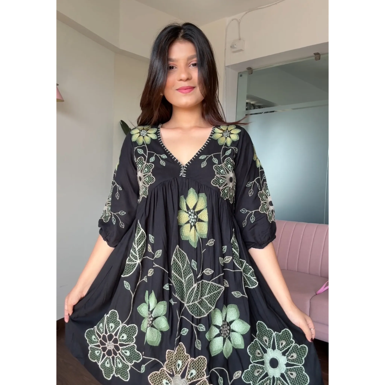 Green Embroidered Cotton Flowy Dress