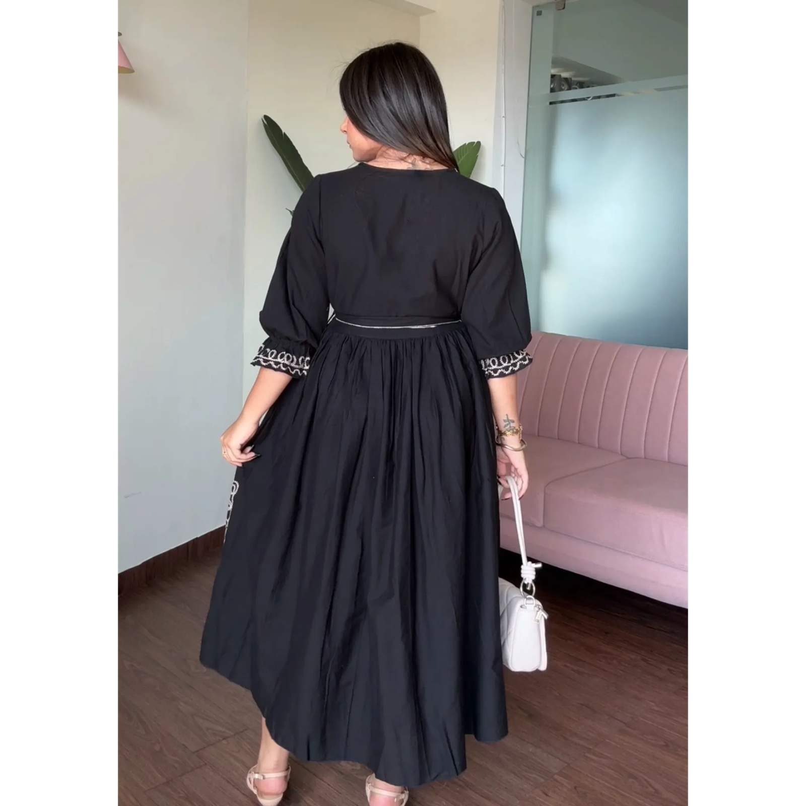 Embroidered Black V Neck Midi Dress With Belt