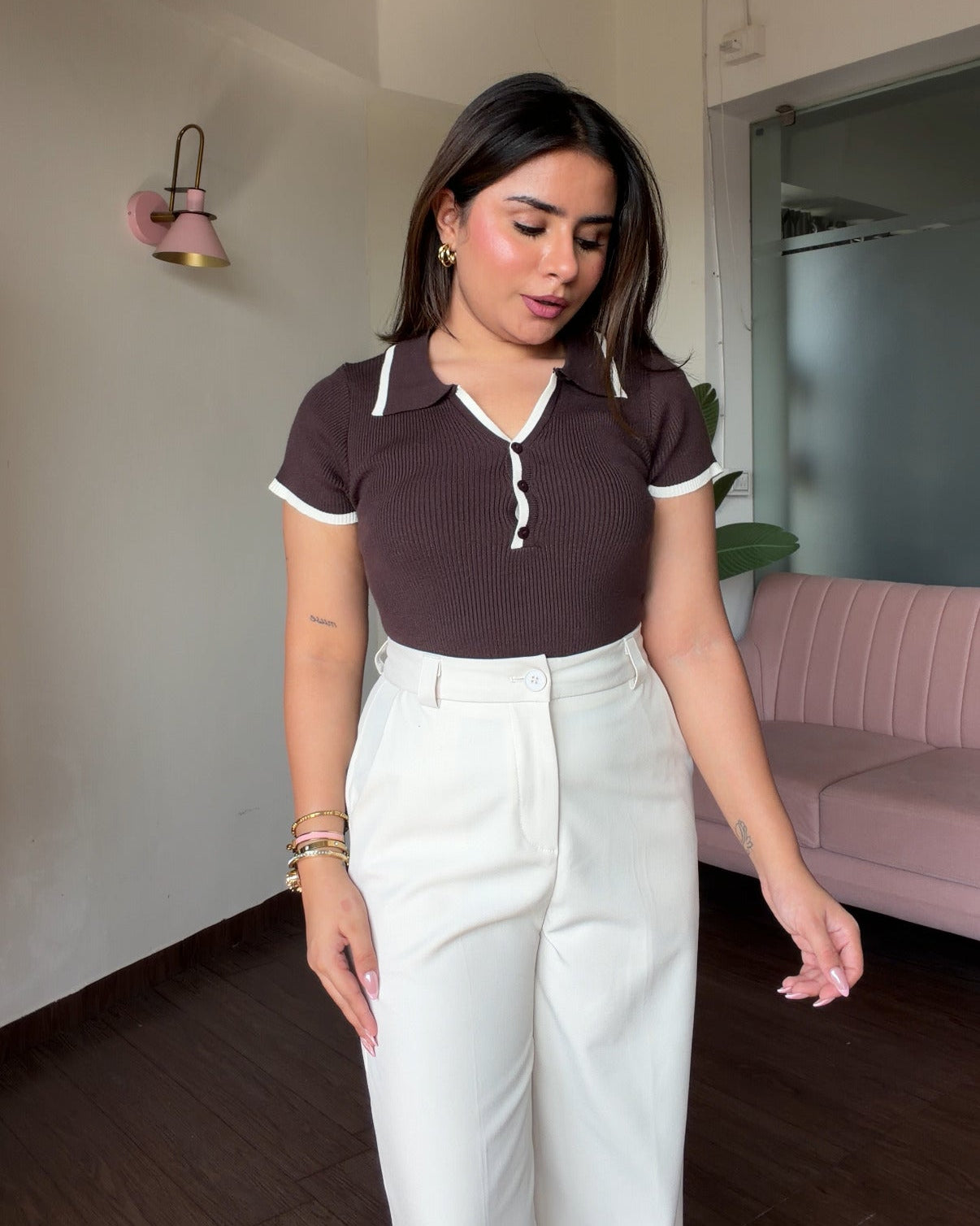 Contrast Button Detailing Polo Ribbed Top