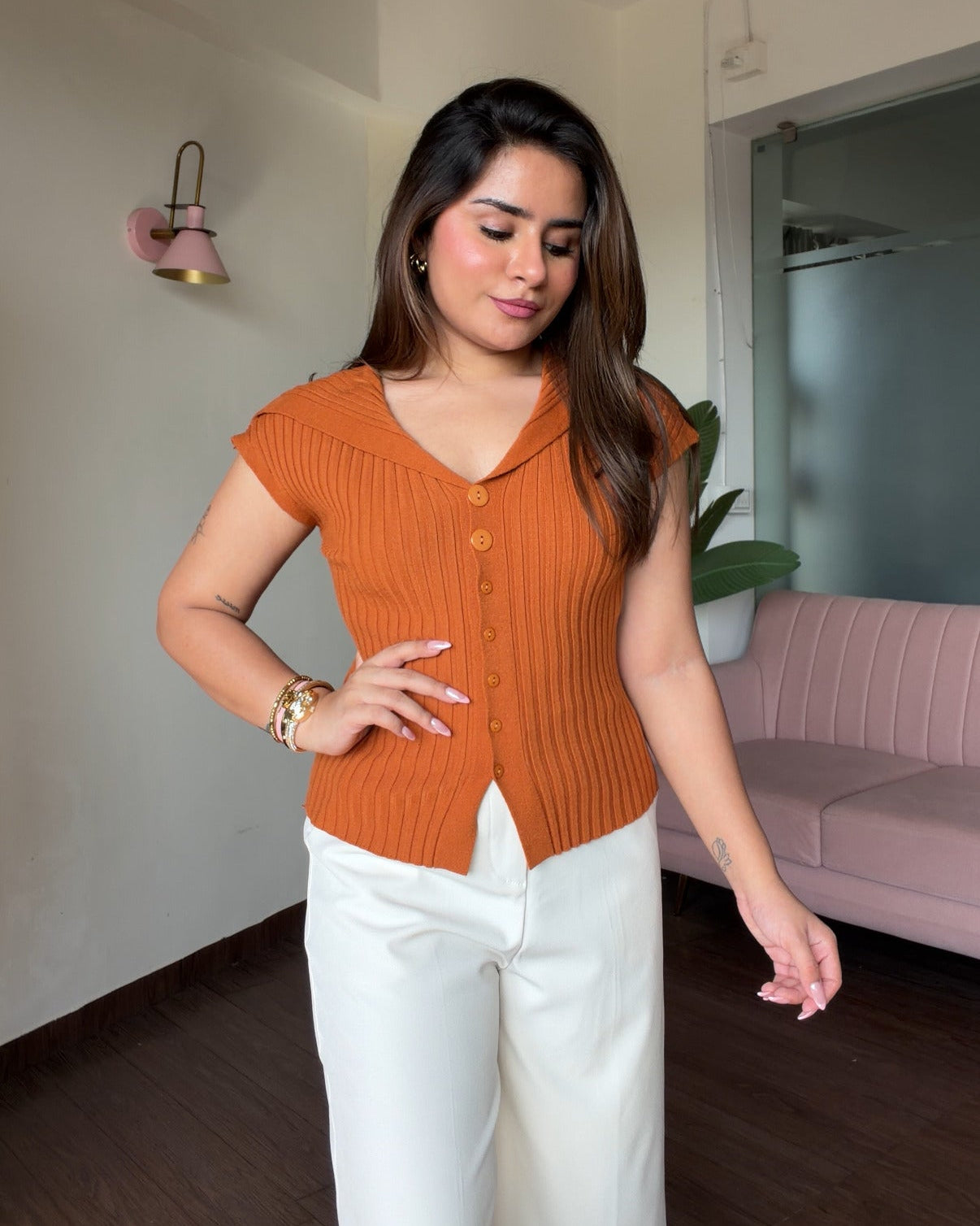 Korean Collar Button Detailing Ribbed Top