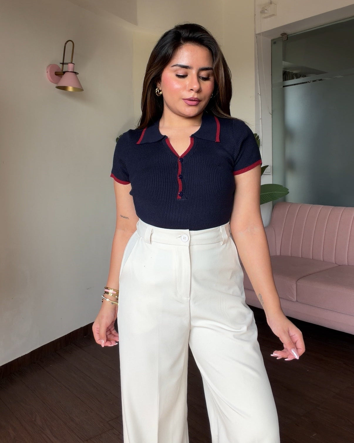 Navy Blue Contrast Button Detailing Polo Ribbed Top