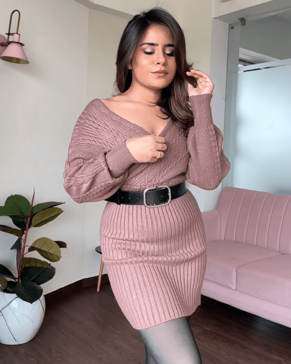 V Neck Soft Knitted Mini Dress