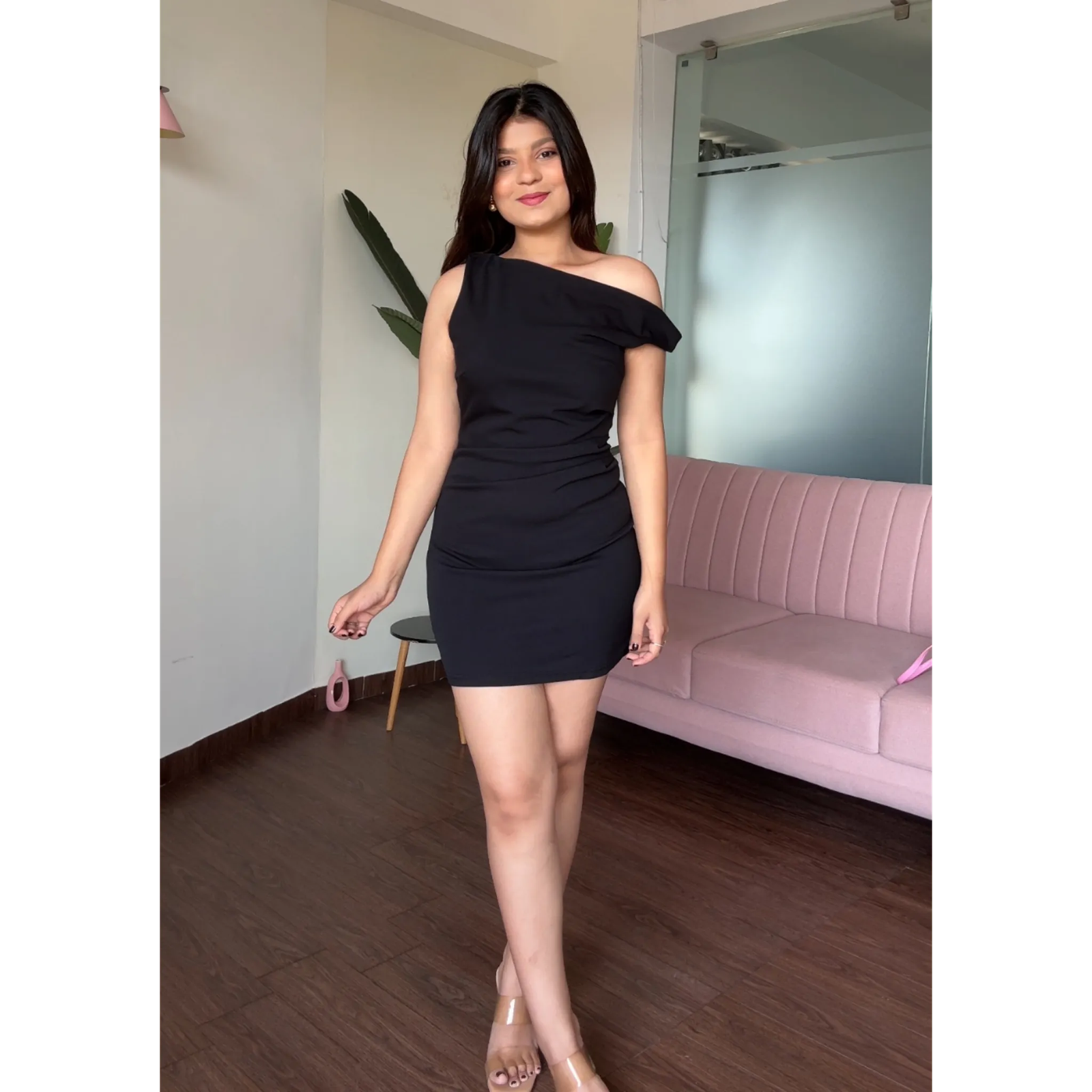 Draped One Shoulder Solid Mini Dress