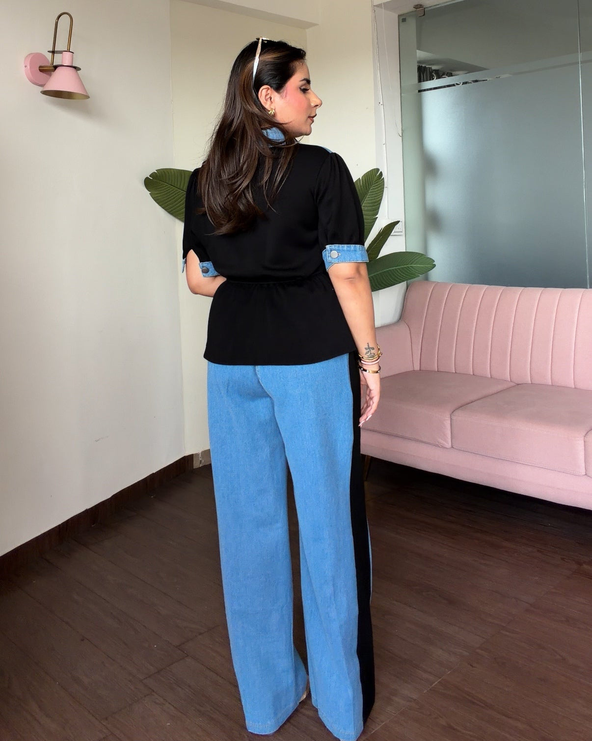 Contrast Detailing Peplum Denim Co-ord Set