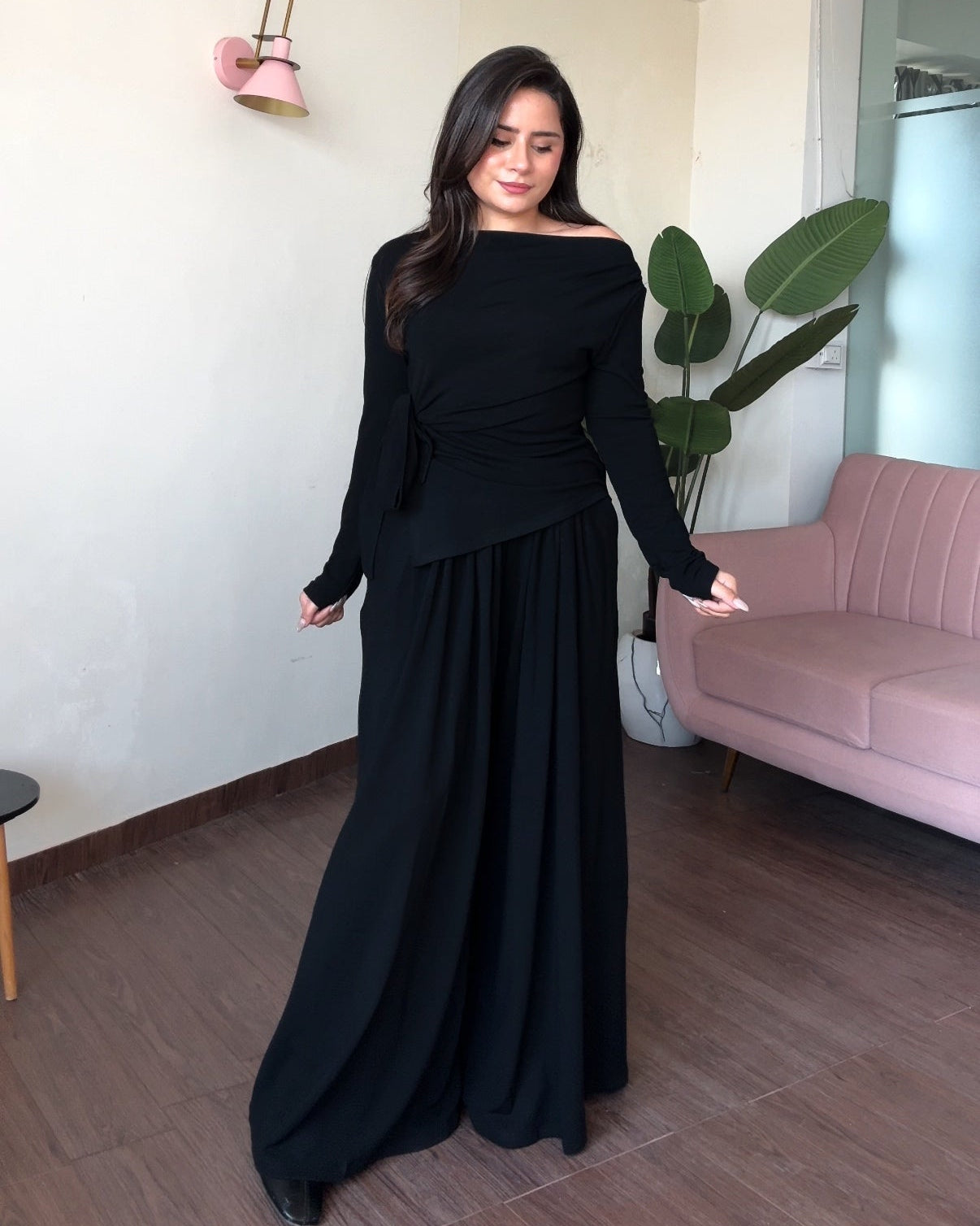 High Neck Knot Detailing And Pleated Pants Co-ord Set