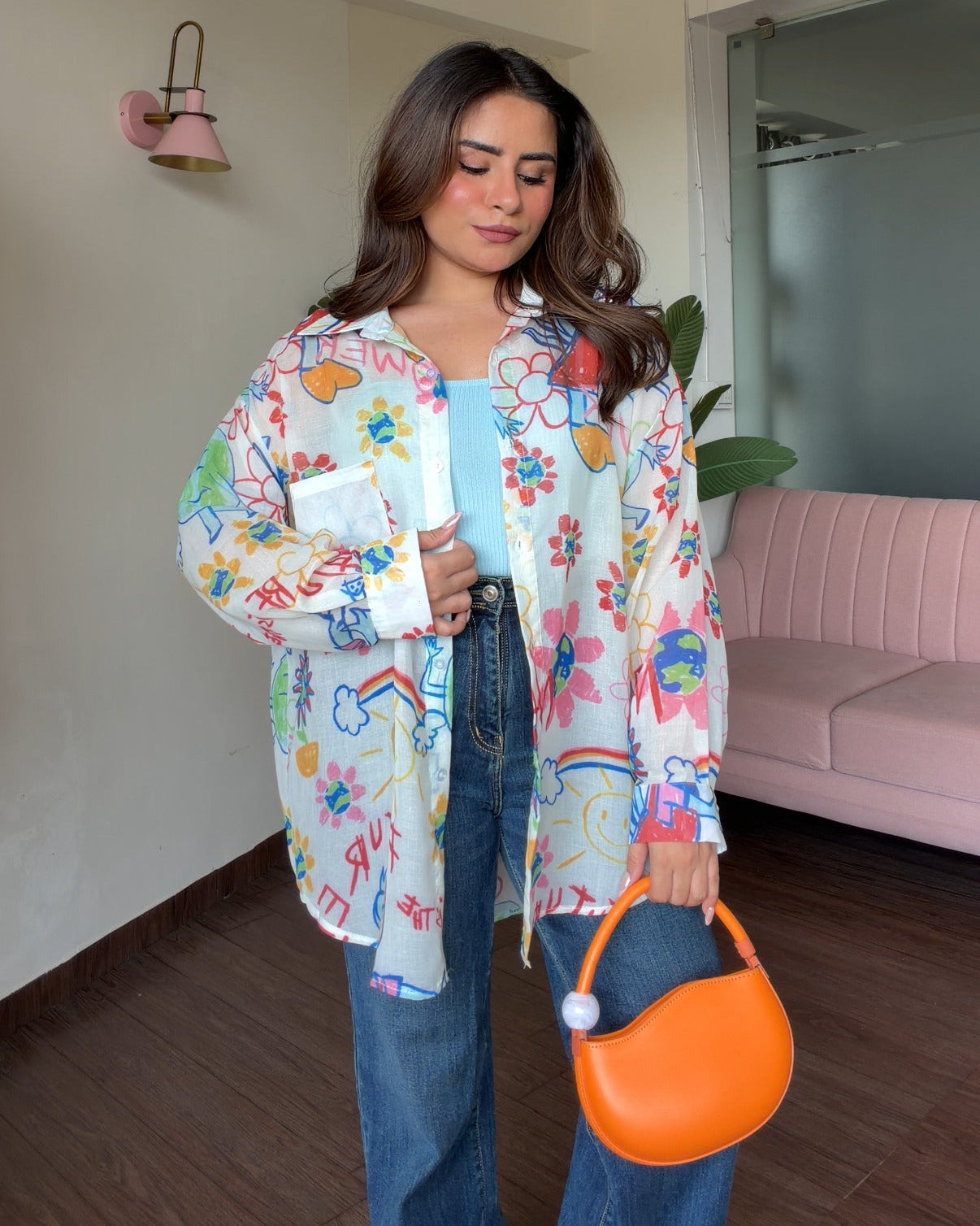 Multicolour Doodle Printed Summer Shirt With Cami Top