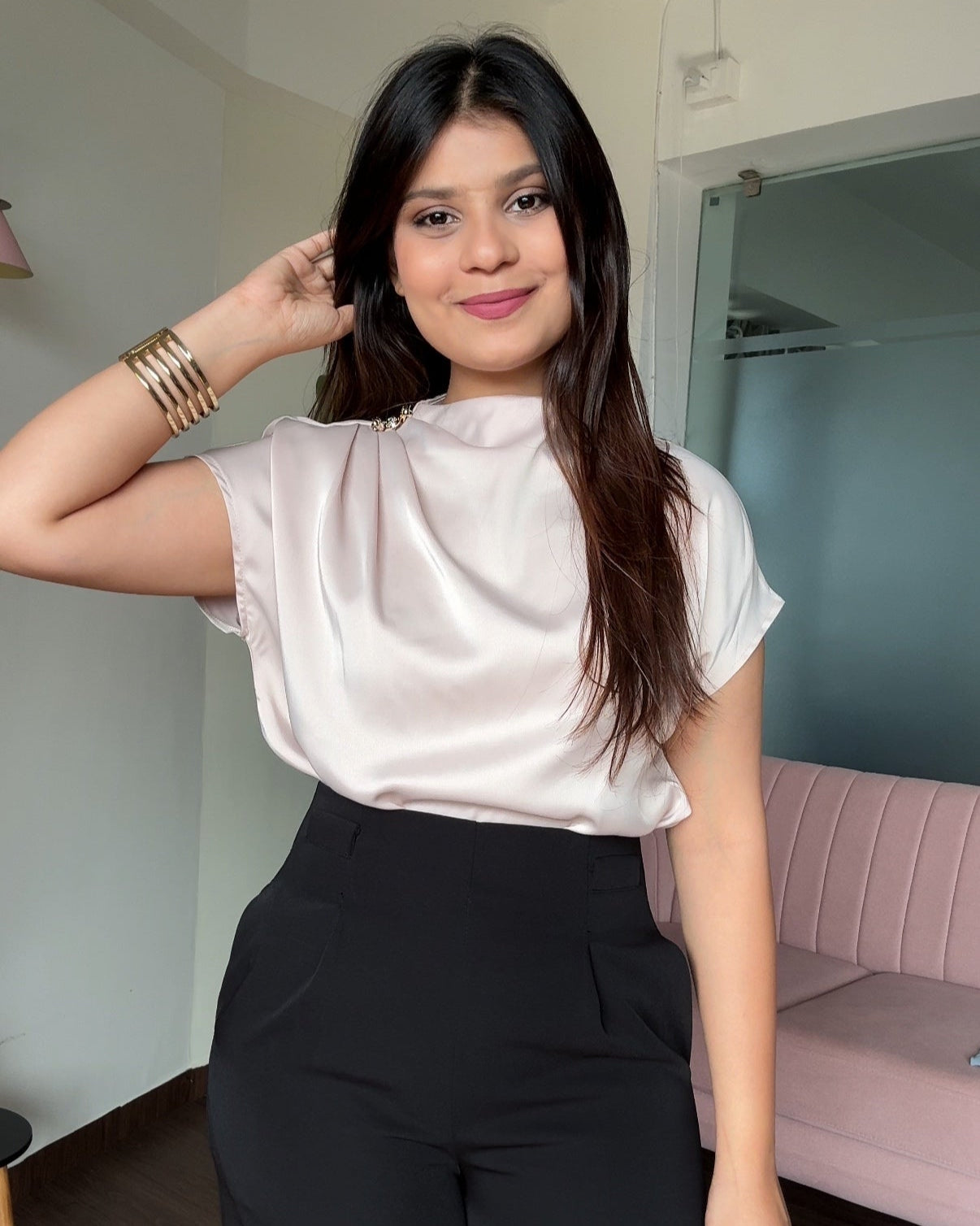 Golden Button Draped Satin Top