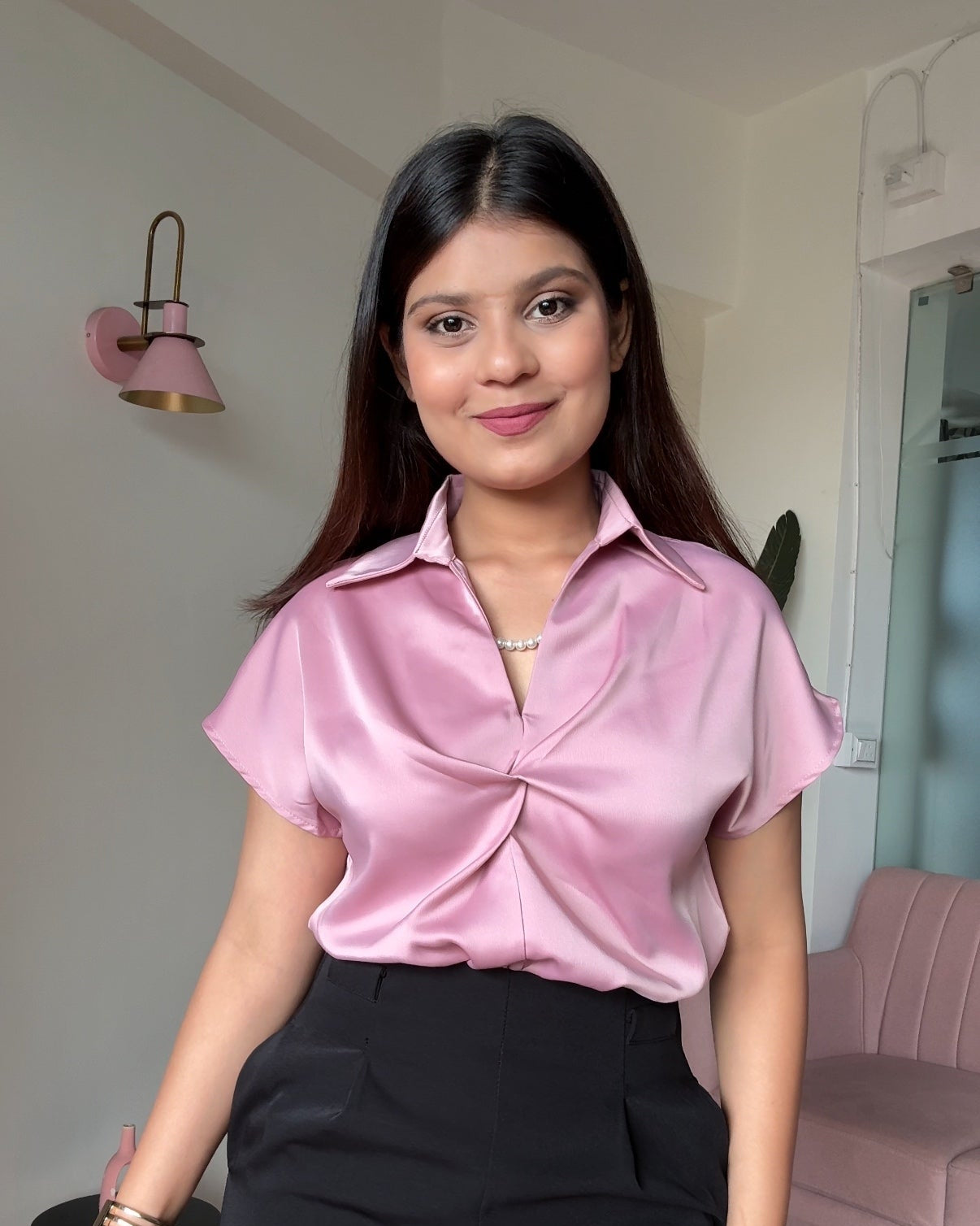 Cut Sleeves Satin Blouse With Pearl Necklace