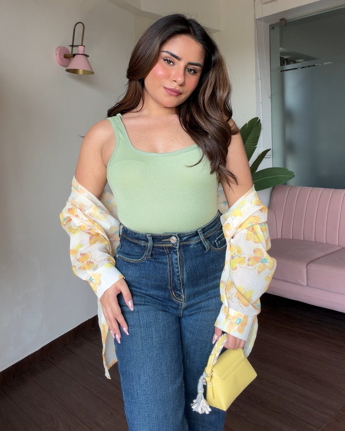 Yellow Floral Printed Sheer Summer Shirt With Cami Top