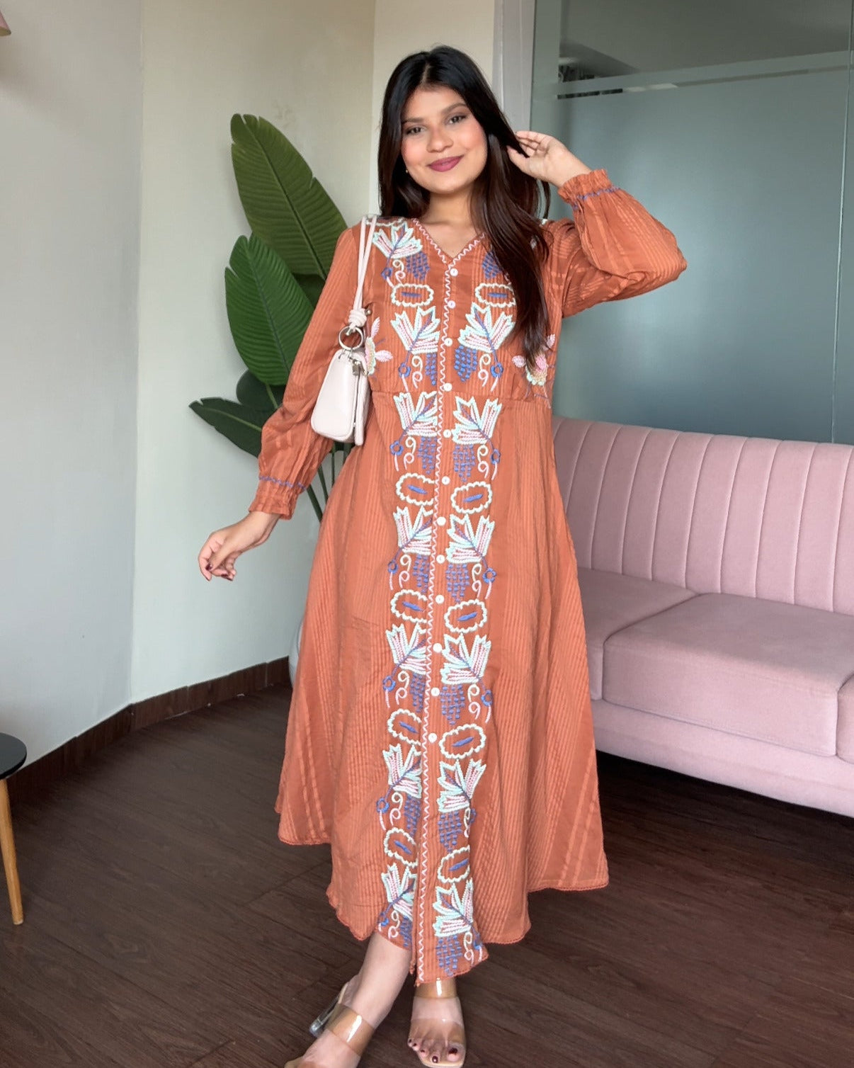 Embroidered V Neck A Line Cotton Dress