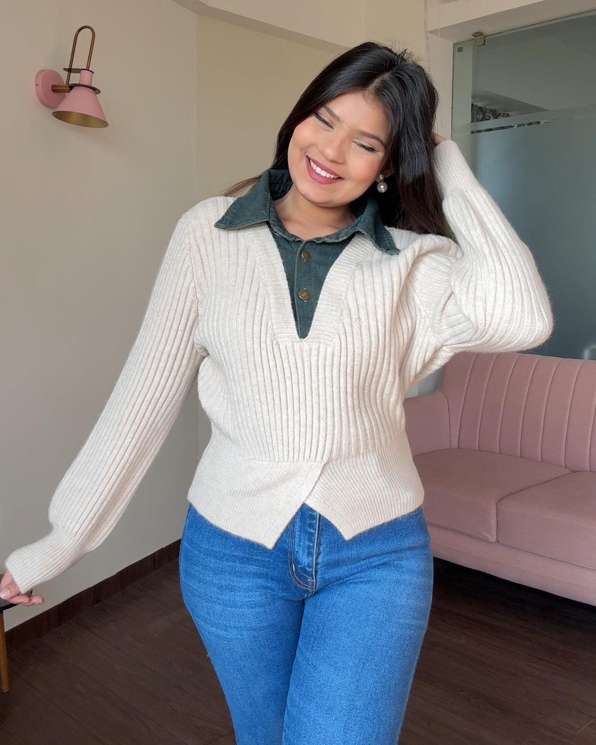 Denim Collar Detailing Knitted Sweater Top