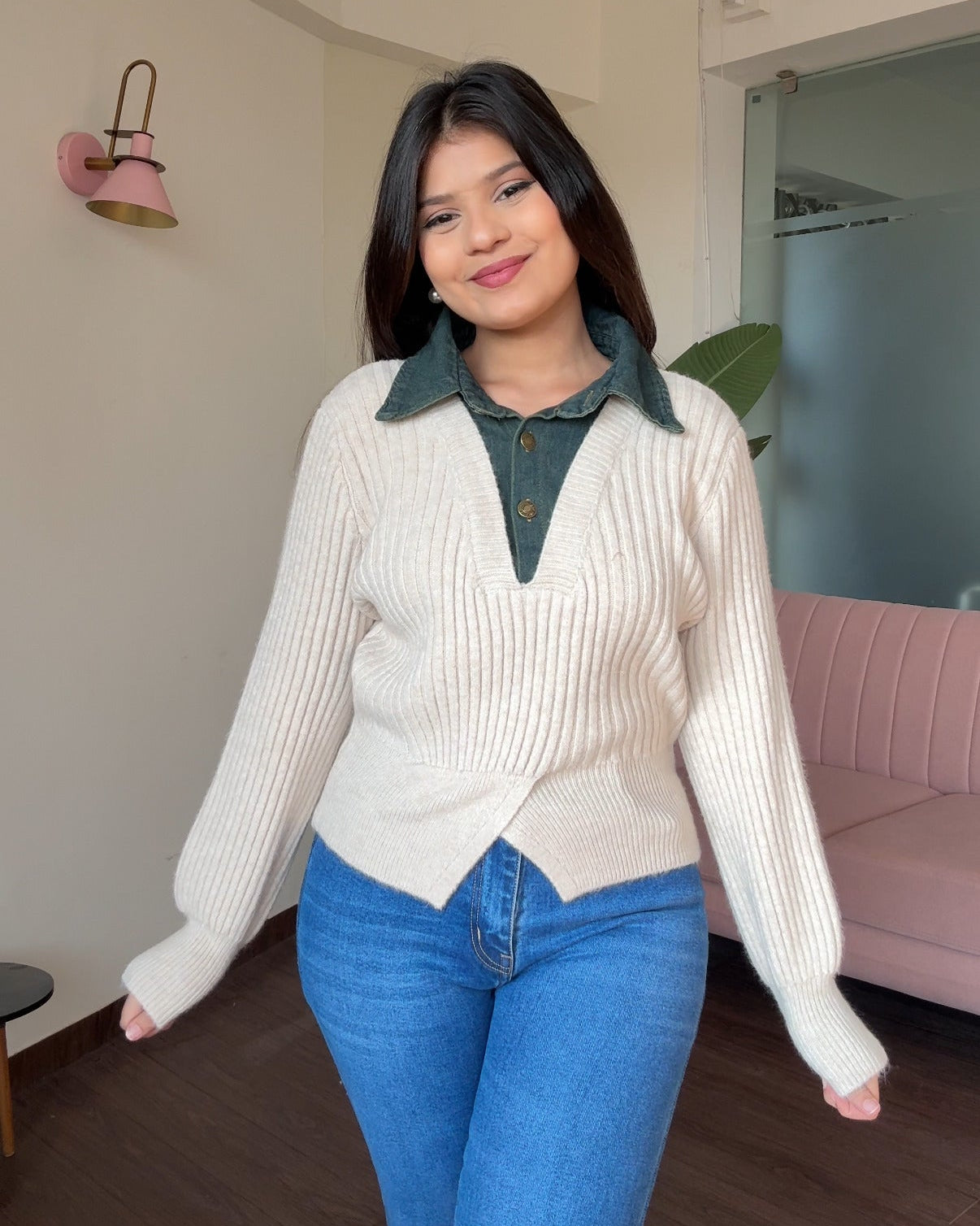 Denim Collar Detailing Knitted Sweater Top