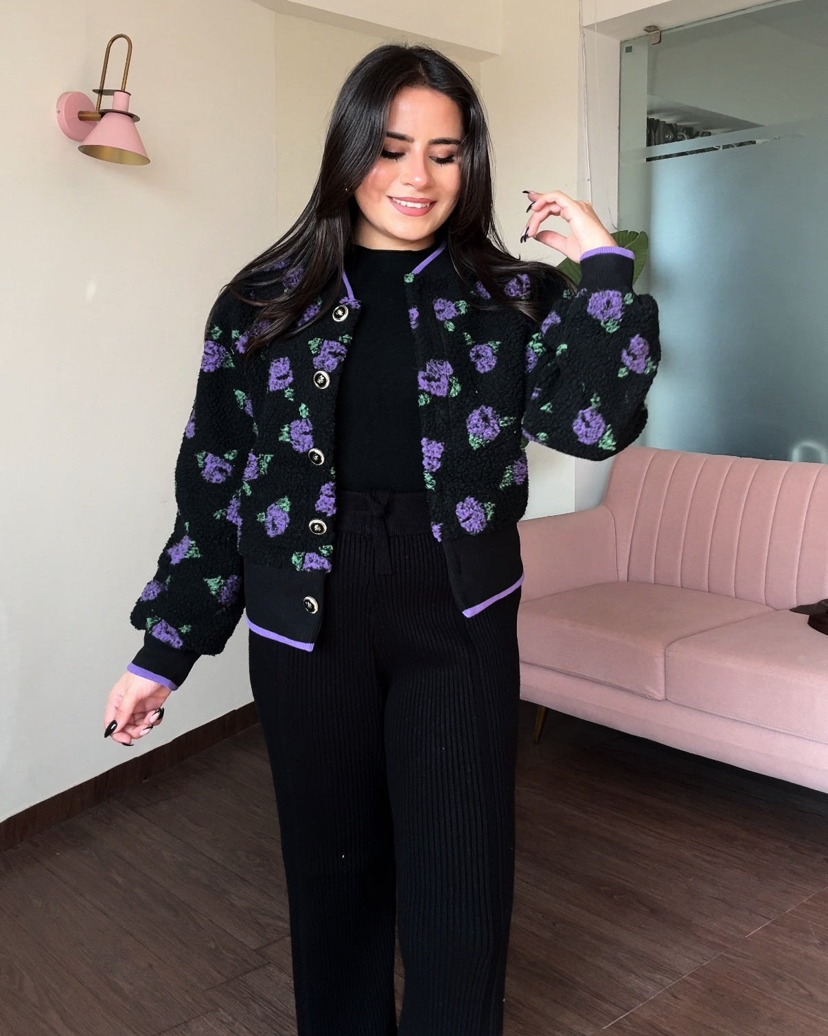 Violet Roses Button Detailing Bomber Jacket