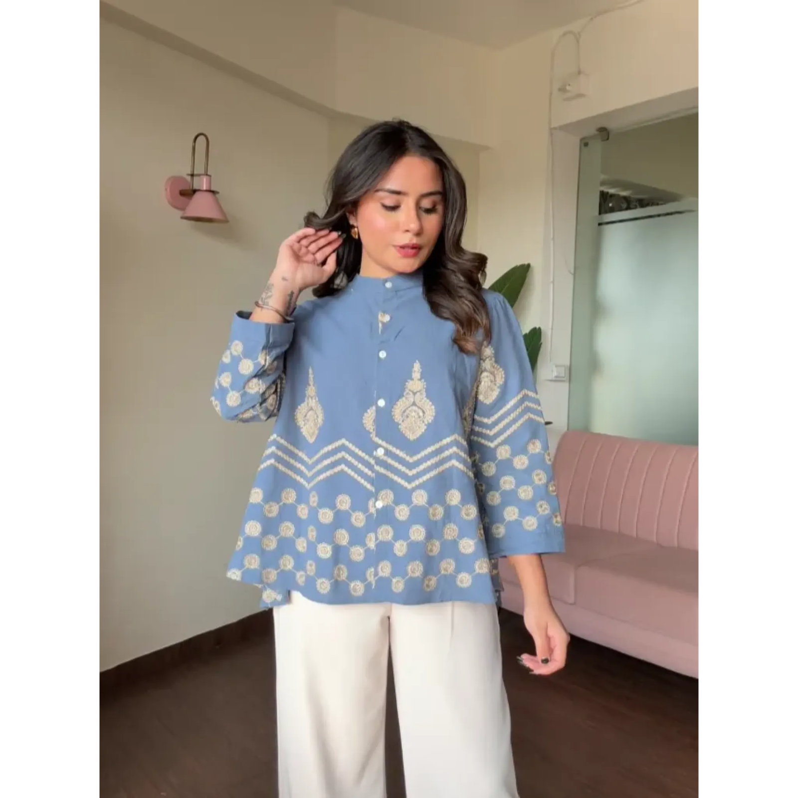 Golden Lace Detail Flared Shirt