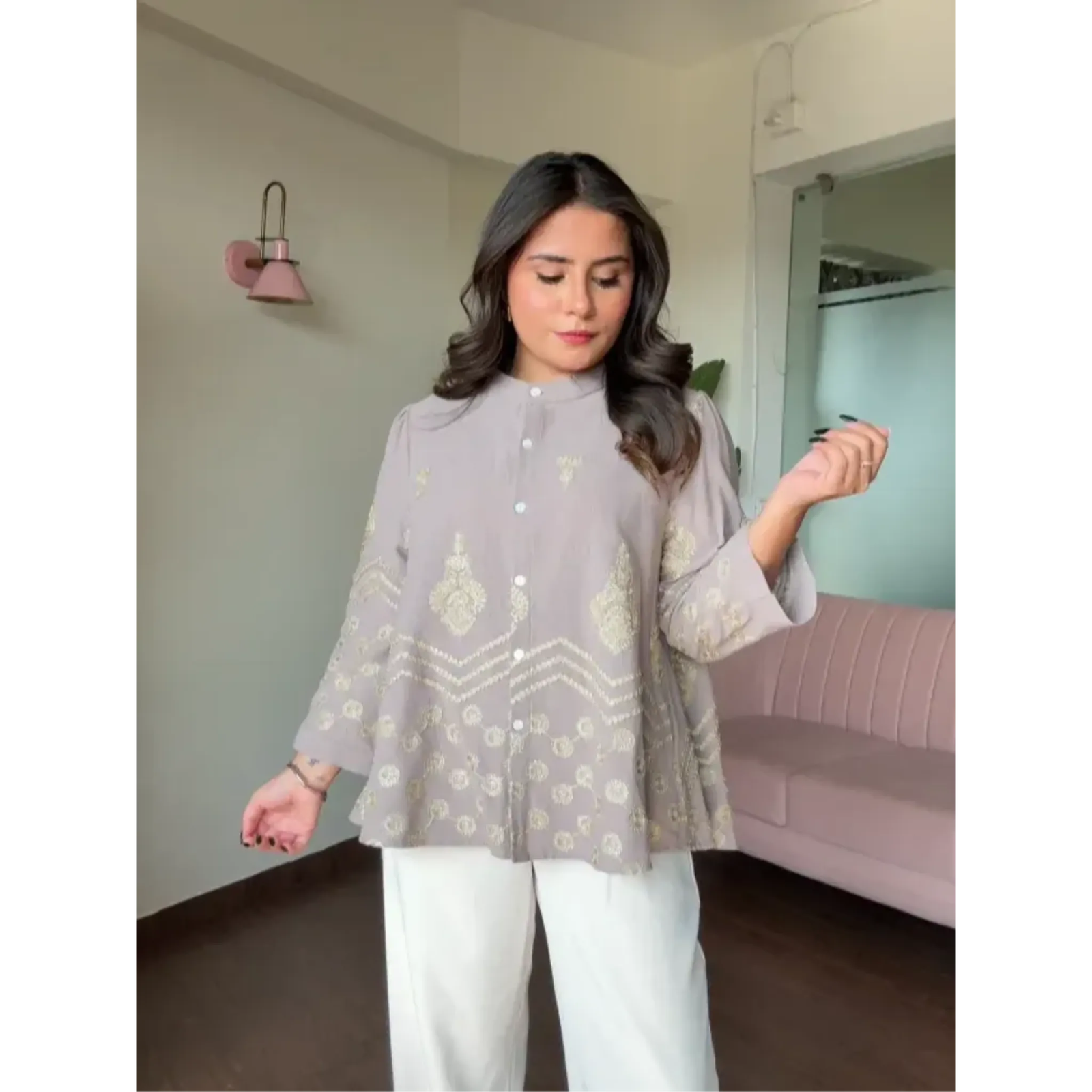 Golden Lace Detail Flared Shirt