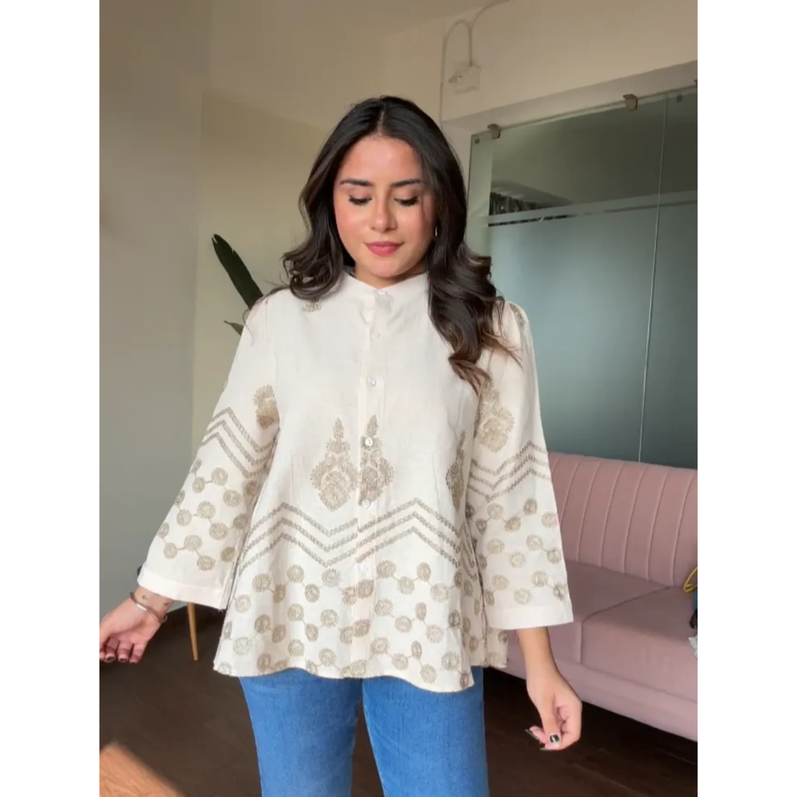 Golden Lace Detail Flared Shirt