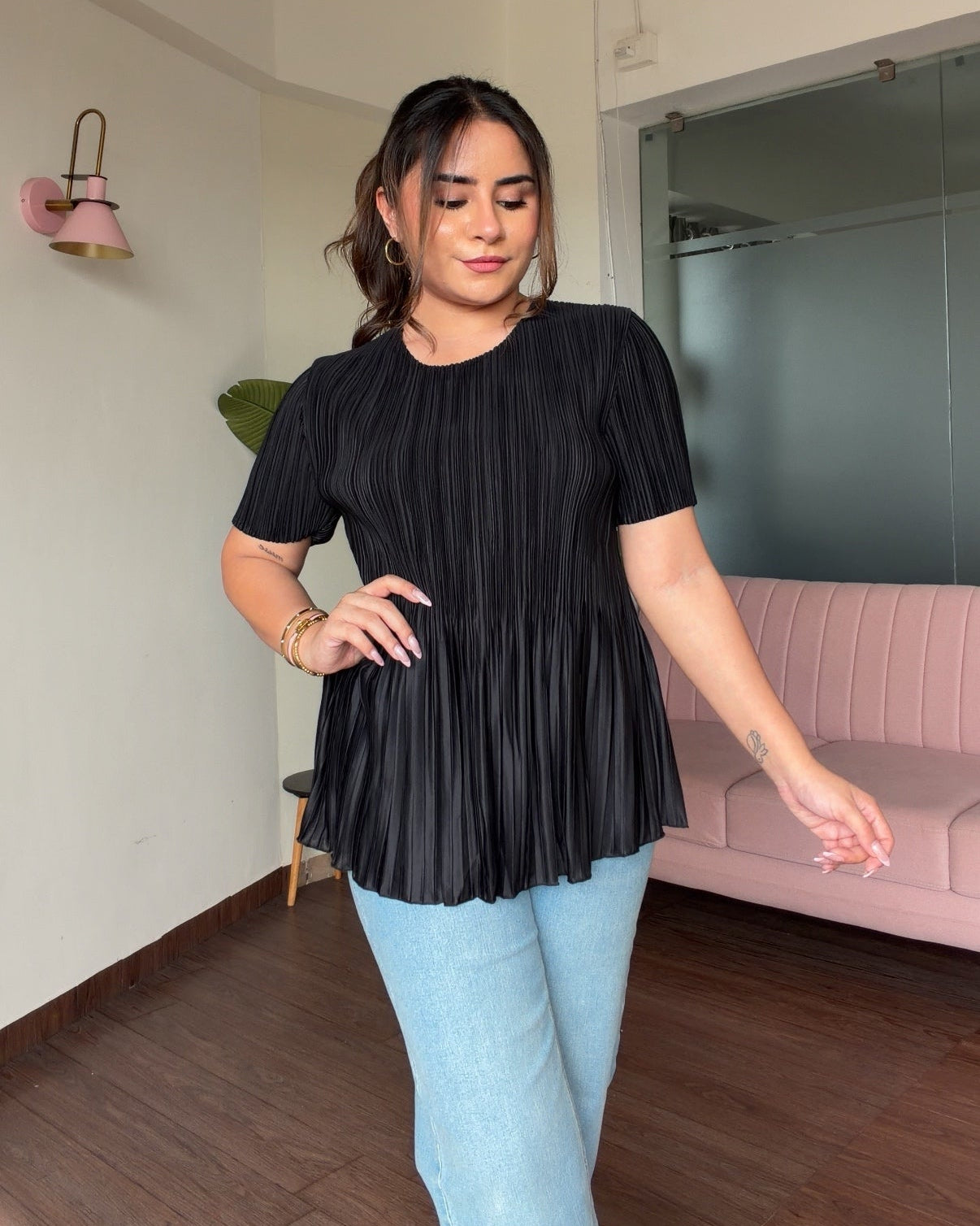 Solid Free Size Pleated Fabric Peplum Top