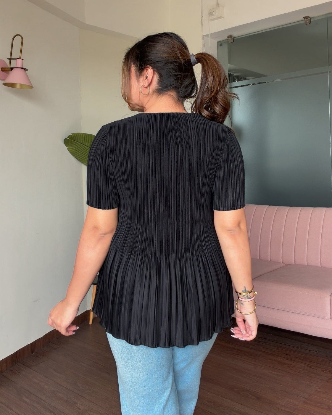 Solid Free Size Pleated Fabric Peplum Top
