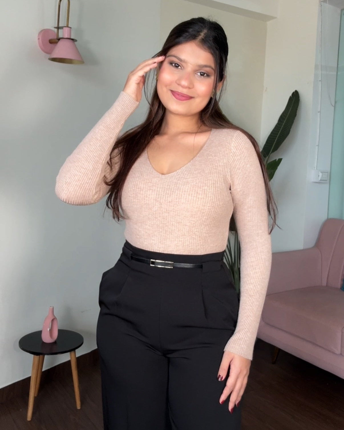 V Neck Ribbed Knitted Top