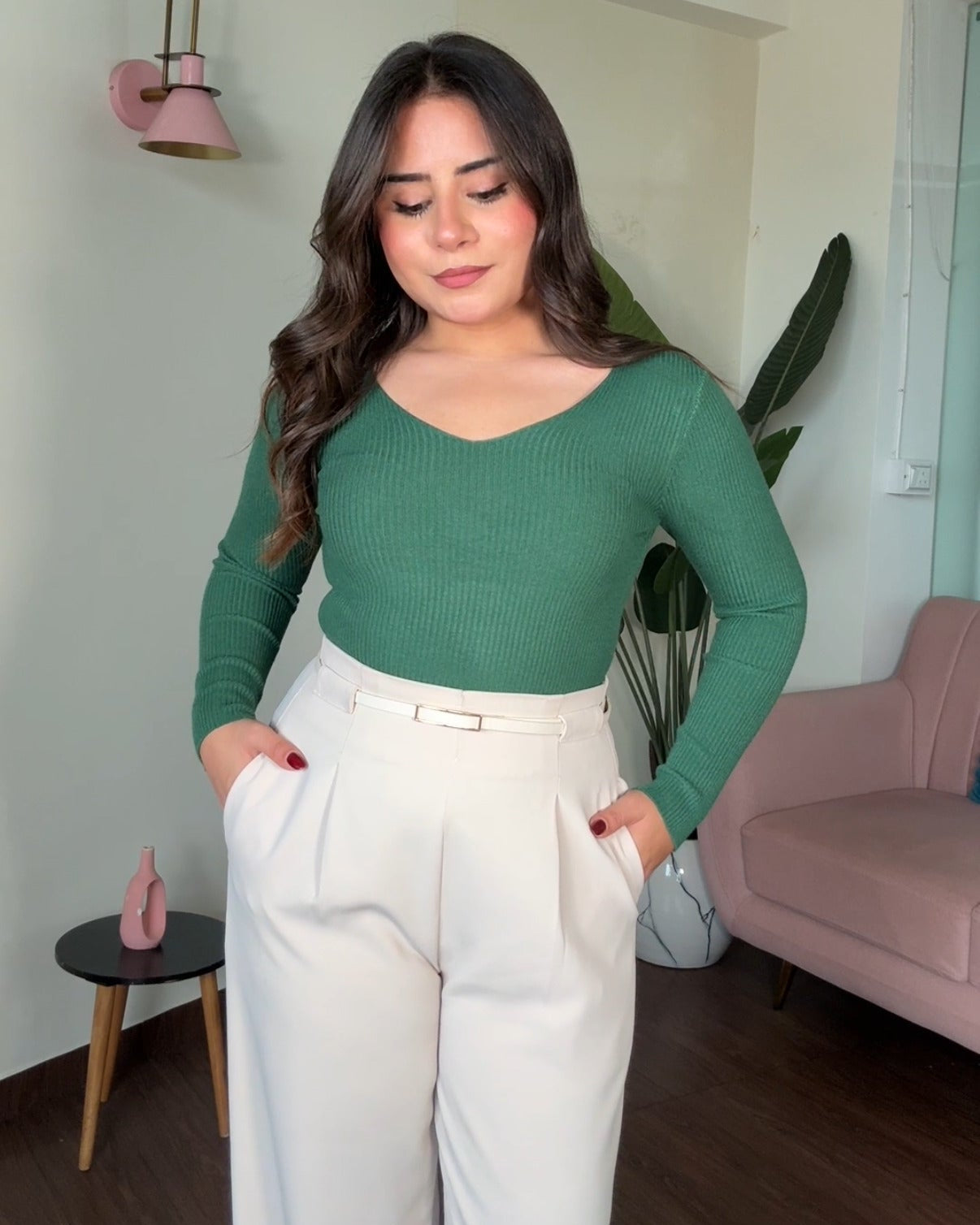 V Neck Ribbed Knitted Top