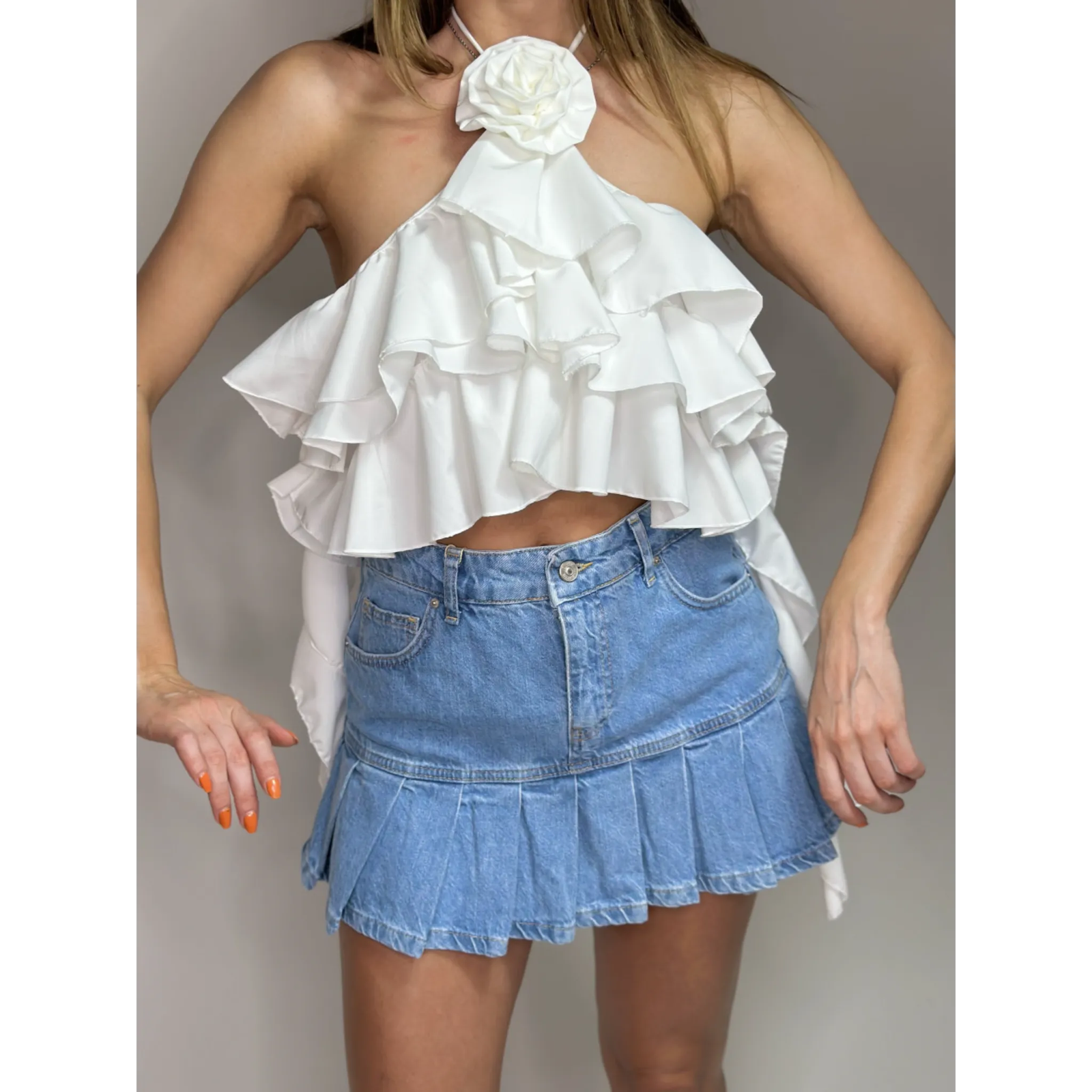 Ruffle Halter Neck Rose Detail Top