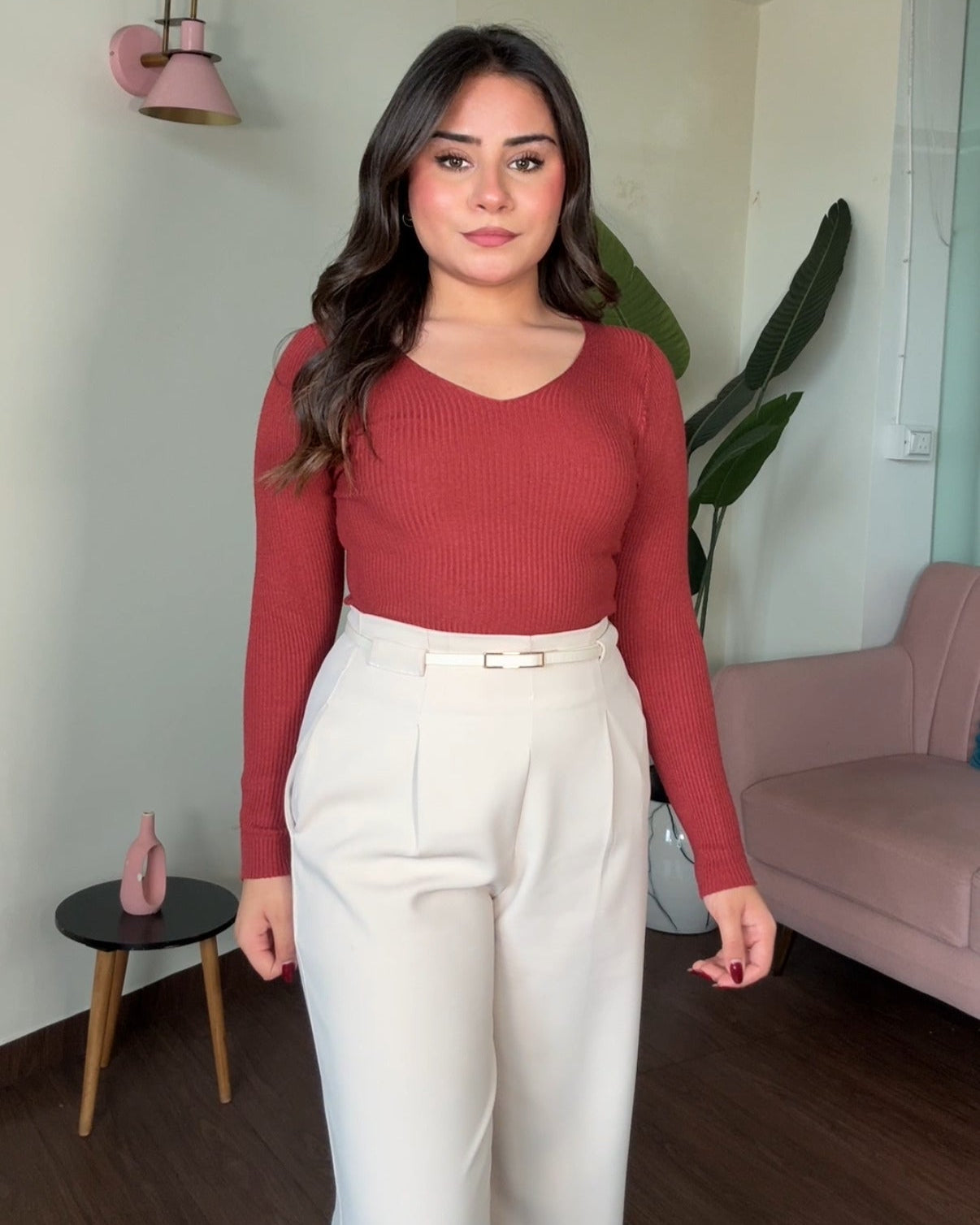 V Neck Ribbed Knitted Top