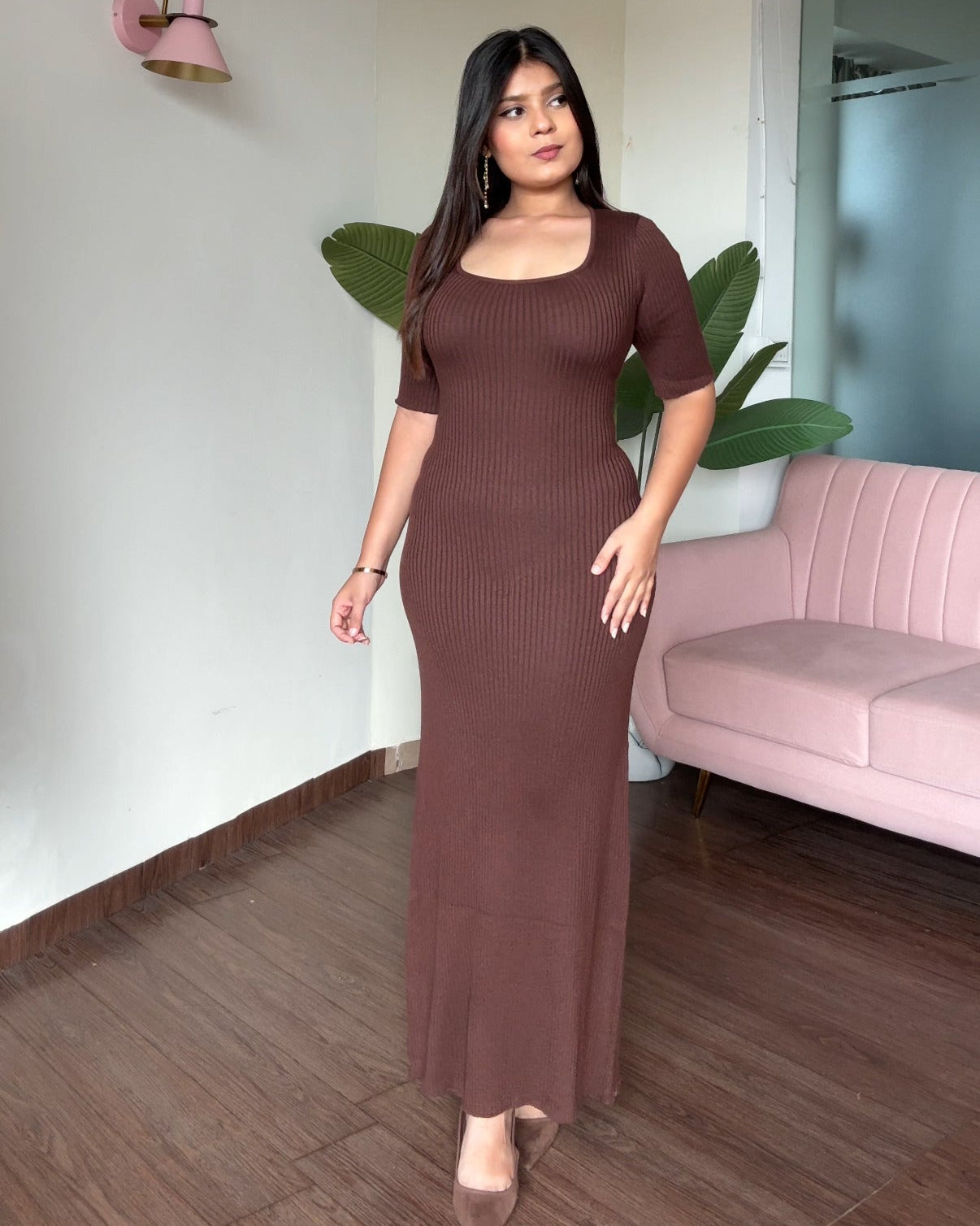 Corset Back Half Sleeve Ribbed Maxi Dress