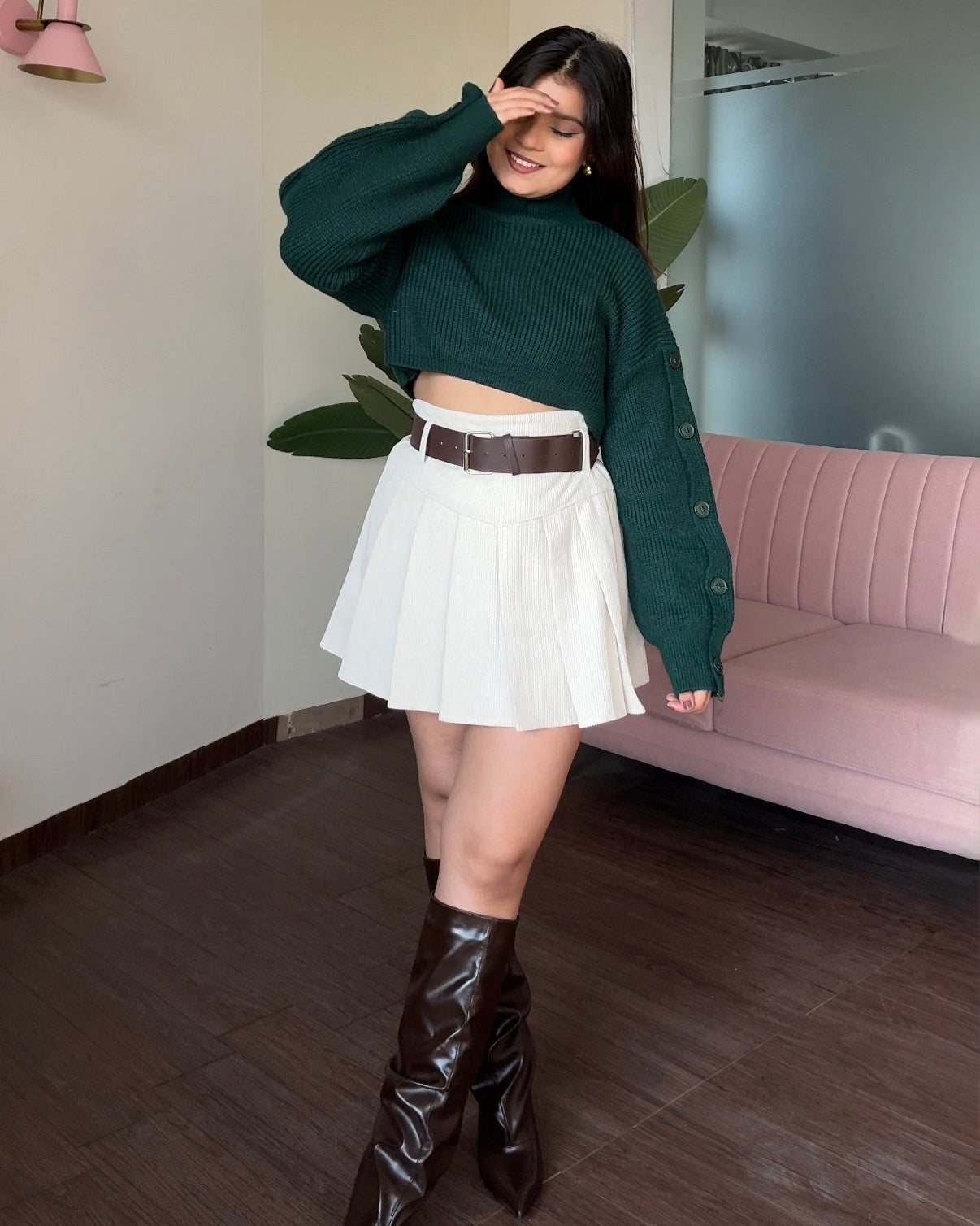 Corduroy Mini Skirt With Leather Belt