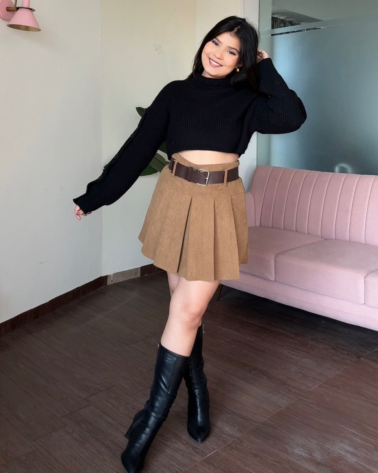 Corduroy Mini Skirt With Leather Belt