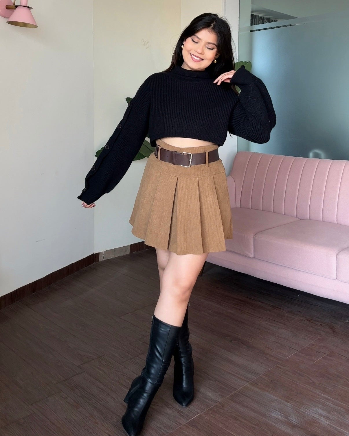 Corduroy Mini Skirt With Leather Belt