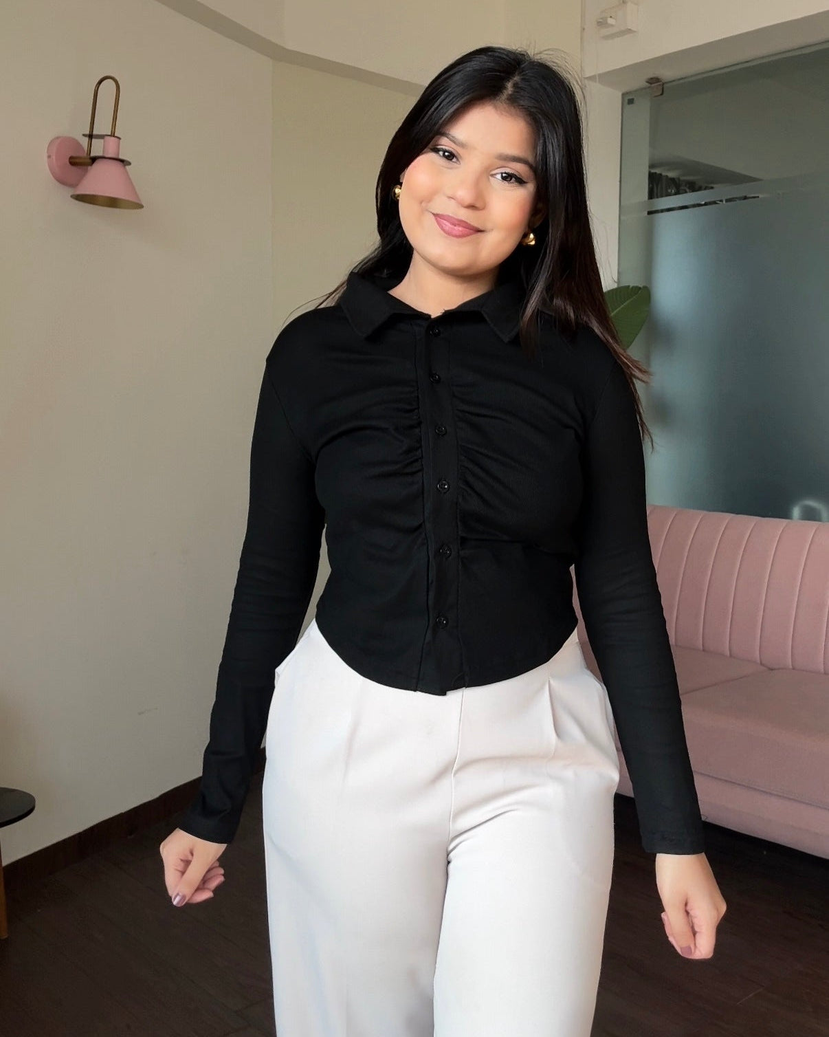 Ruched Detailing Button Down Fitted Top