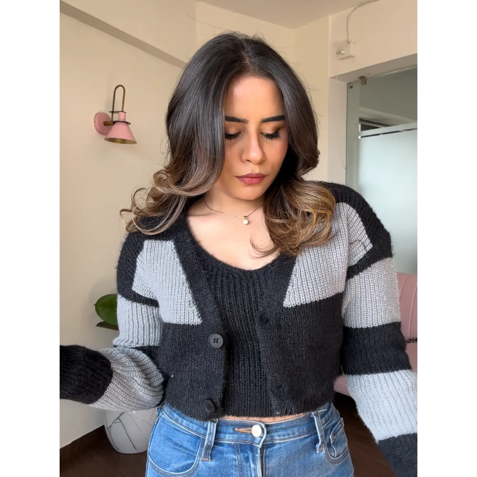 Dual Tone Cardigan Cami Top Set