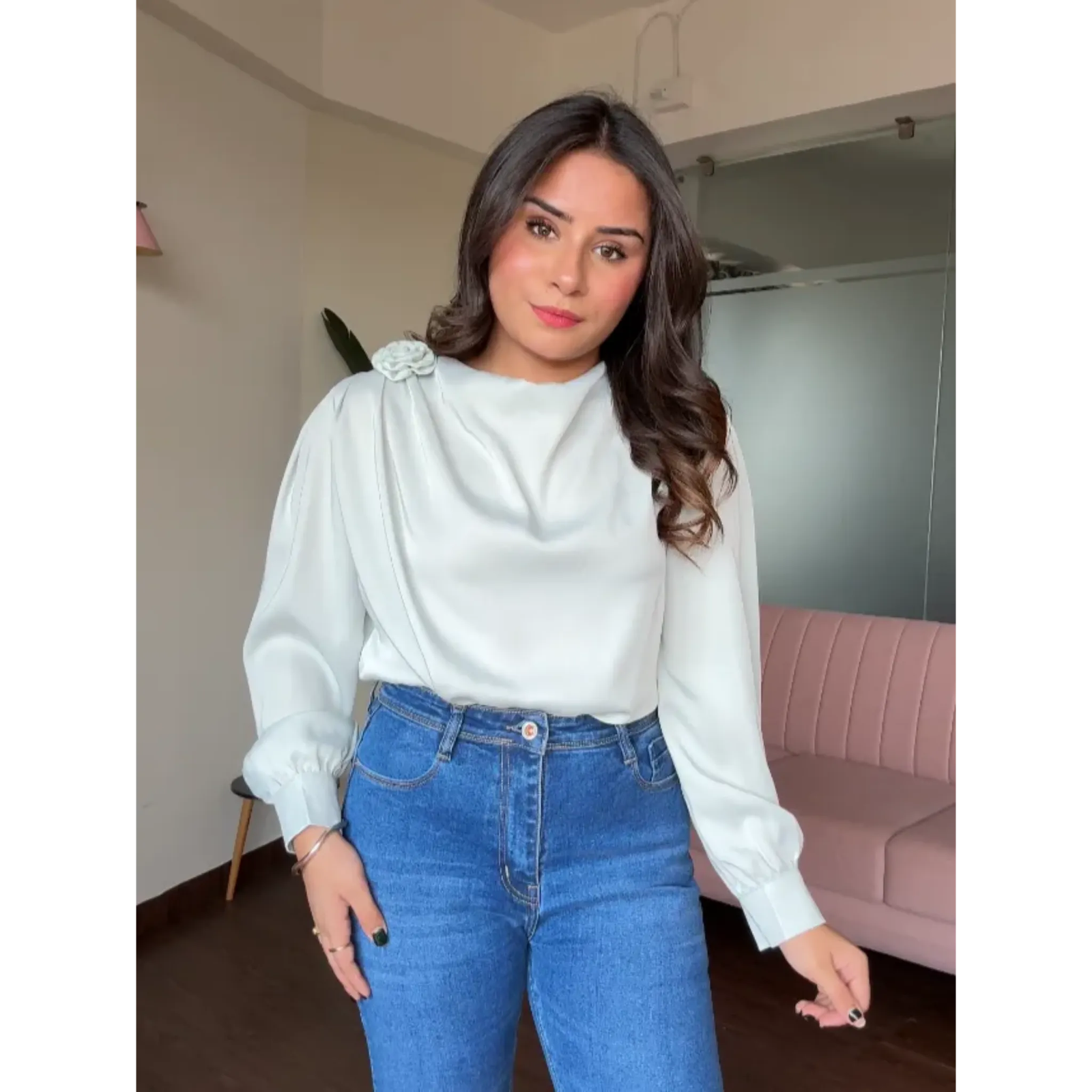 Draped Satin Blouse With Rose Attachment