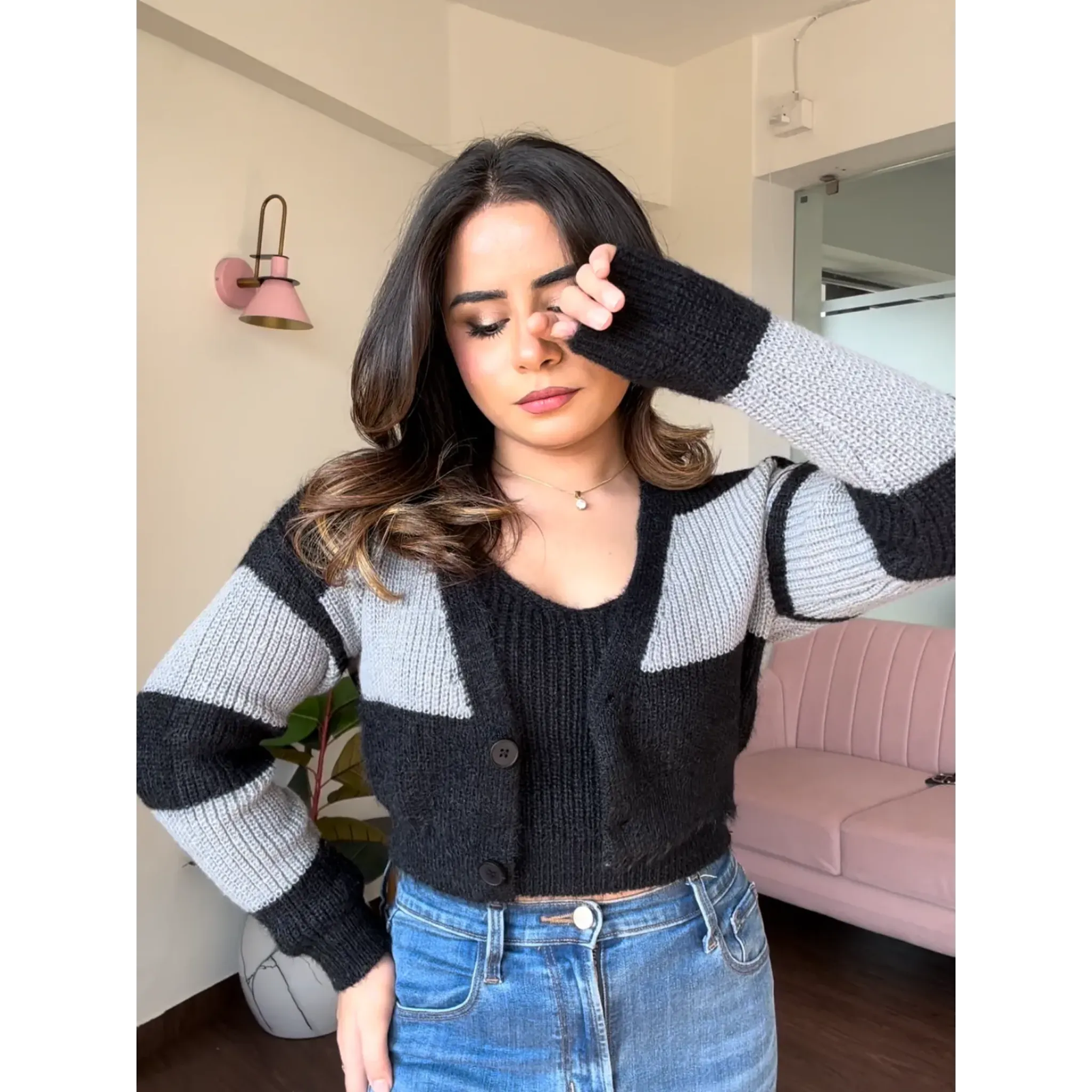 Dual Tone Cardigan Cami Top Set