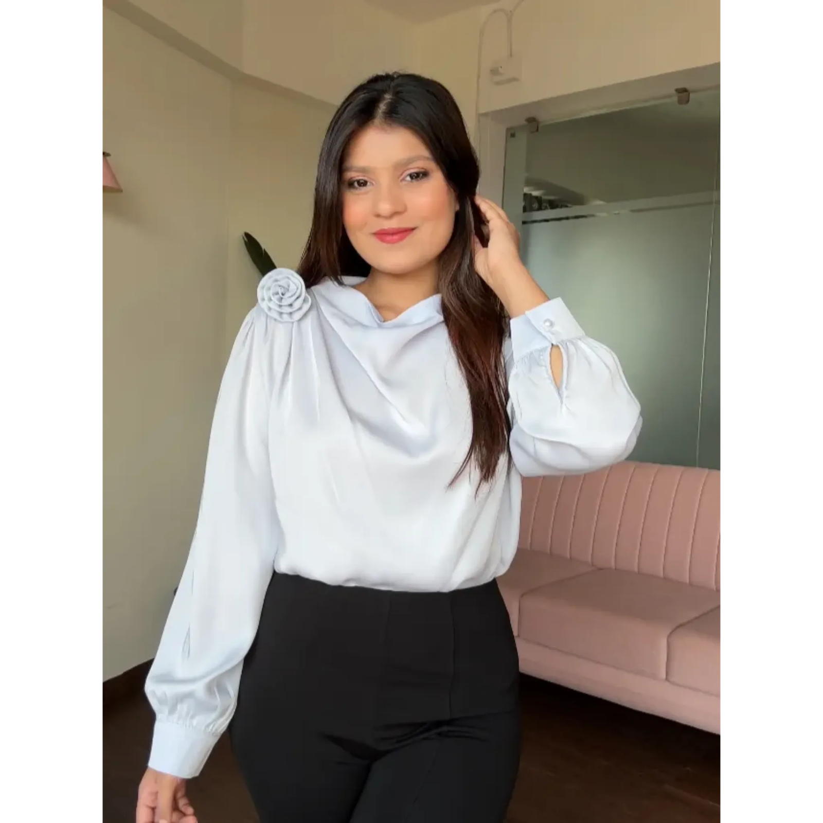 Draped Satin Blouse With Rose Attachment