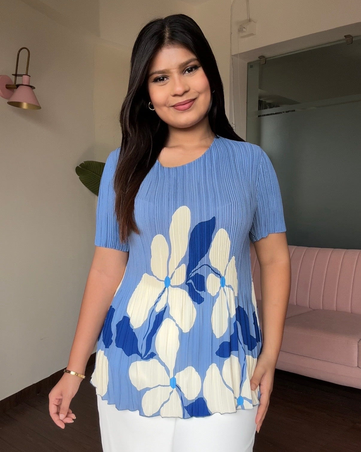 Free Size Pleated Fabric Peplum Top With Floral Detailing
