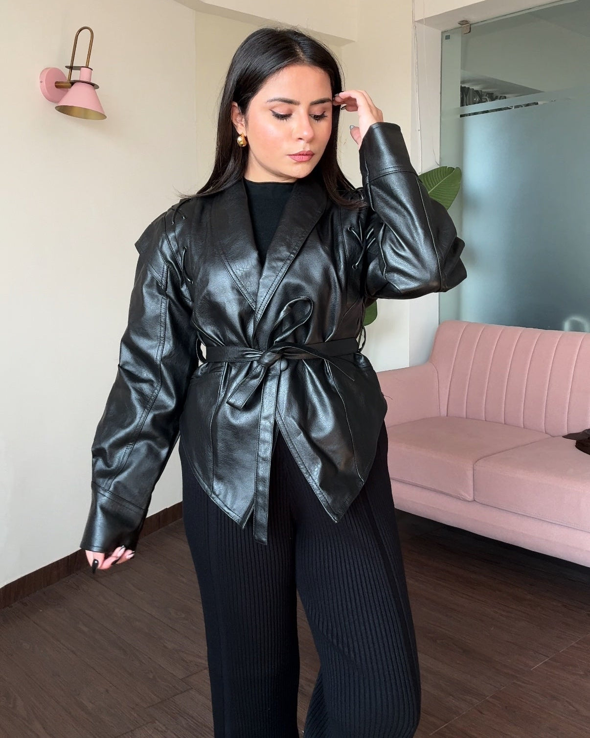 Retro Lace Up Leather Jacket With Belt