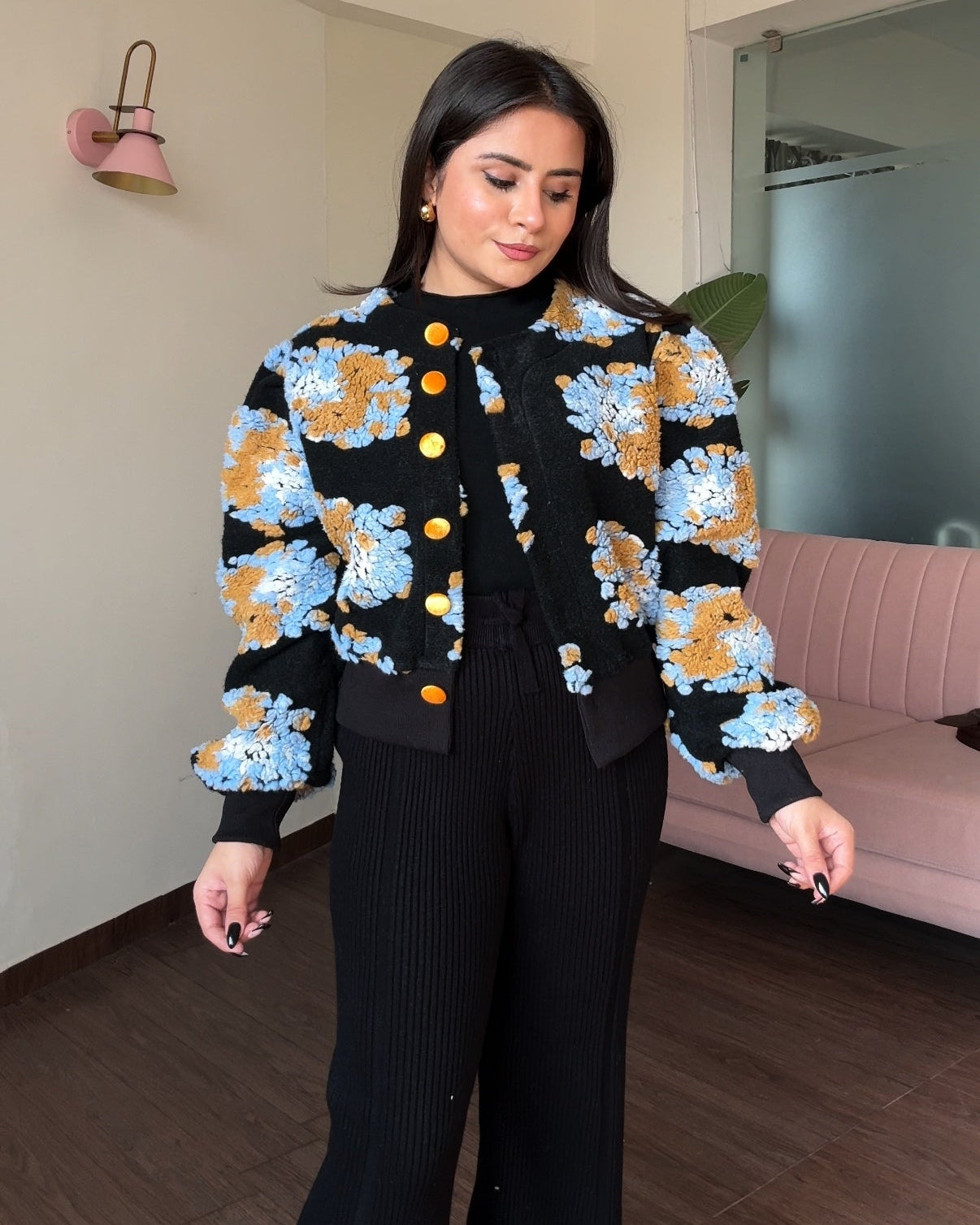 3D Floral Cropped Multicoloured Jacket