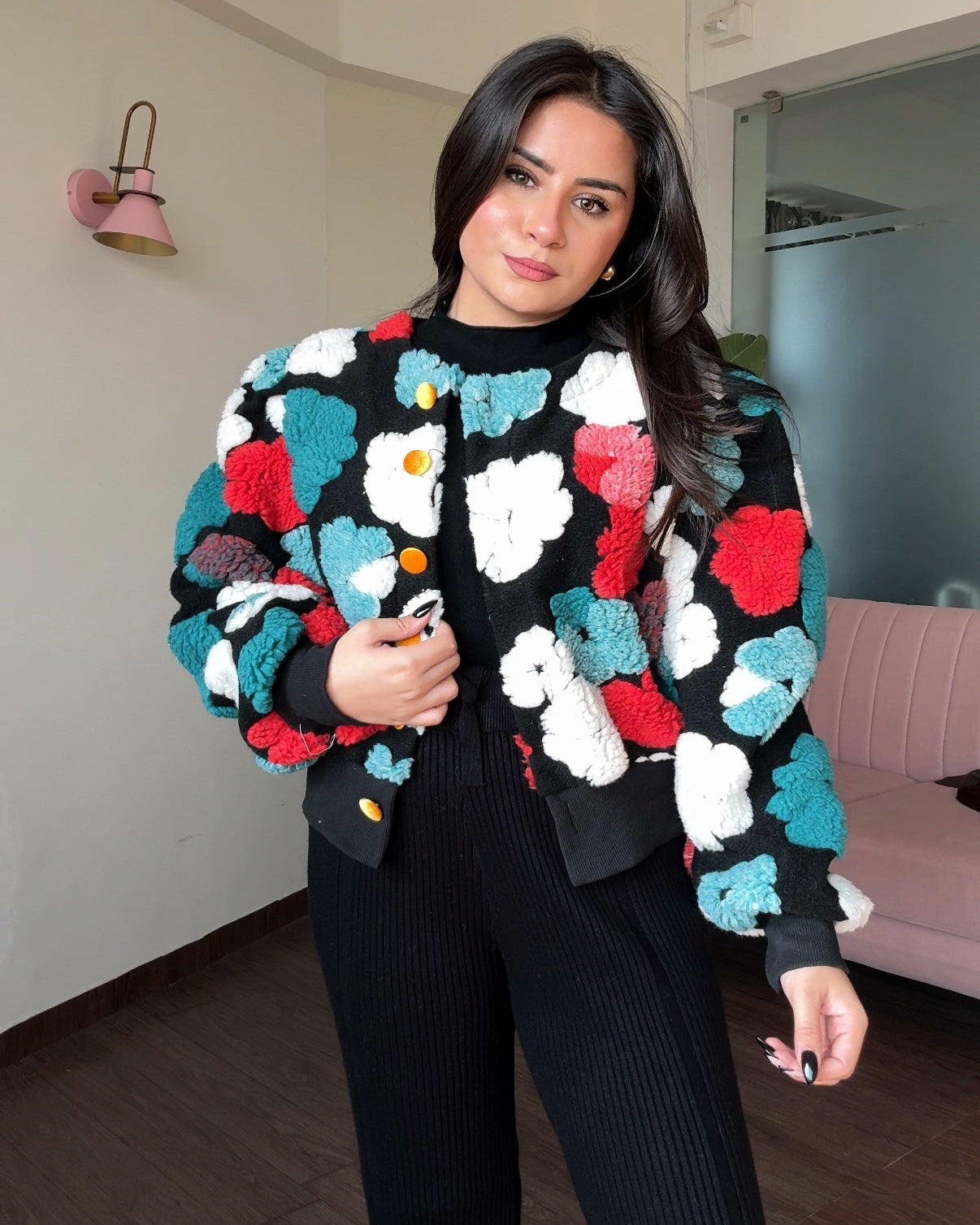 3D Floral Cropped Multicoloured Jacket