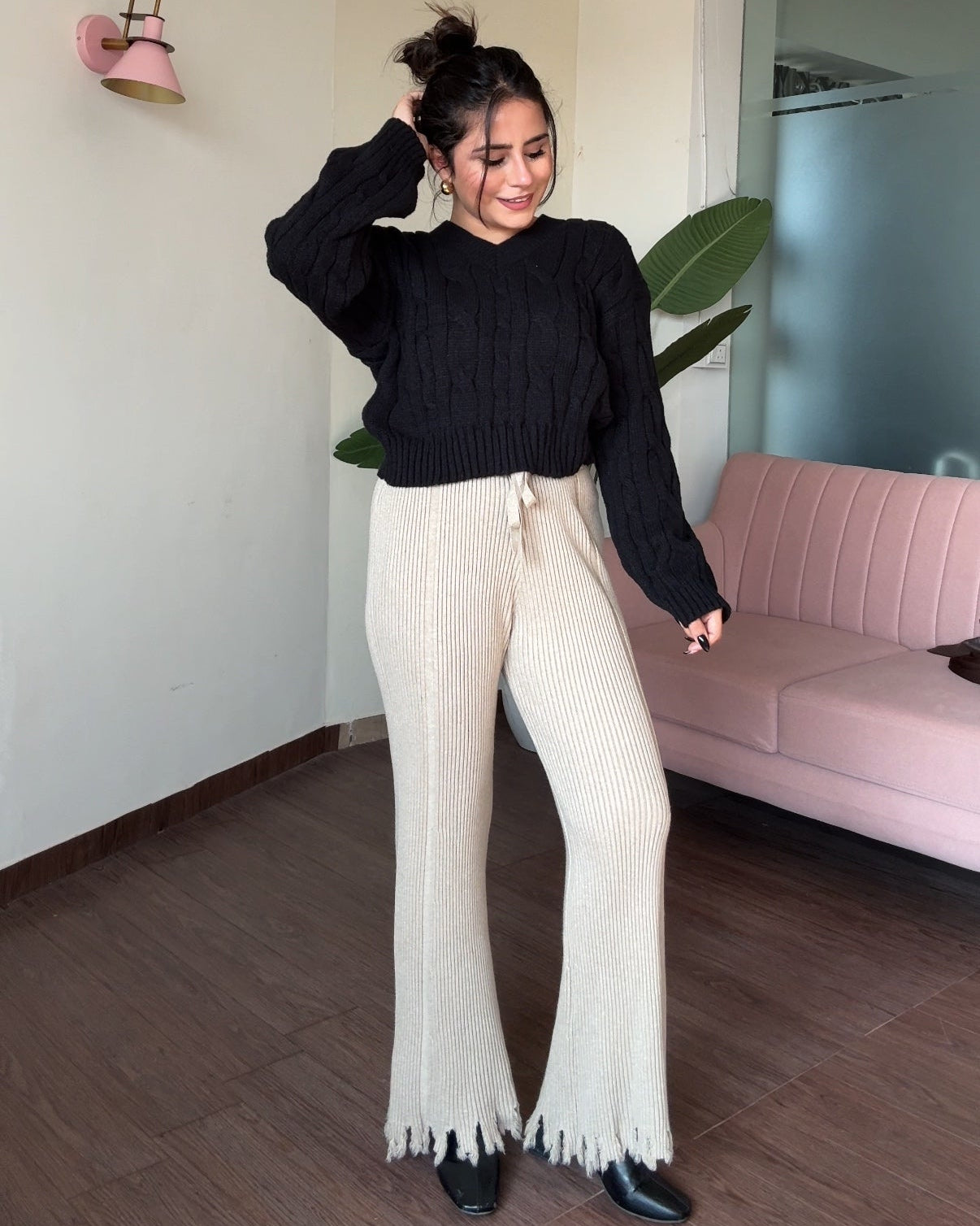 Textured Woollen Hem Detailing Flared Pant