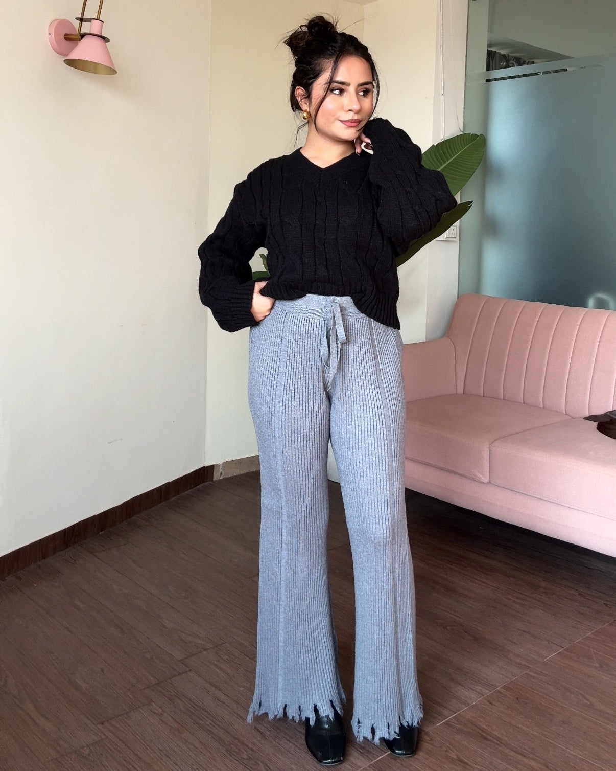 Textured Woollen Hem Detailing Flared Pant