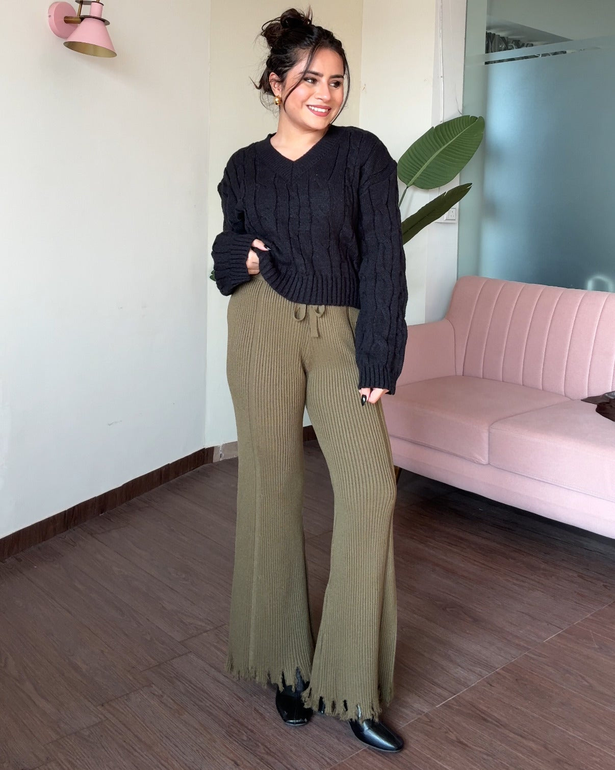 Textured Woollen Hem Detailing Flared Pant