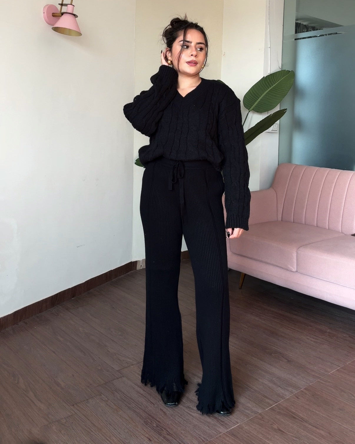 Textured Woollen Hem Detailing Flared Pant