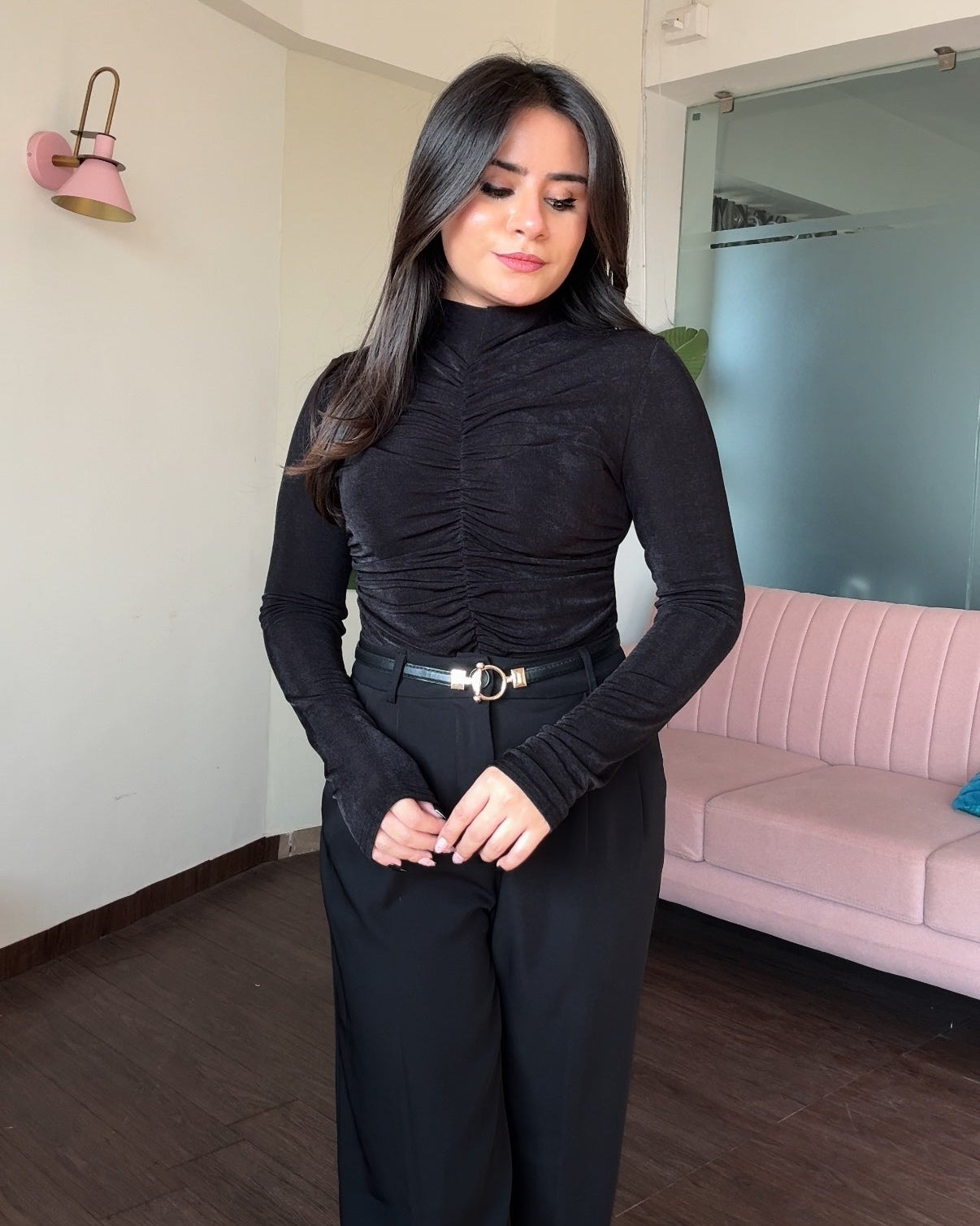 Ruched Detailing Full Sleeve High Neck Top