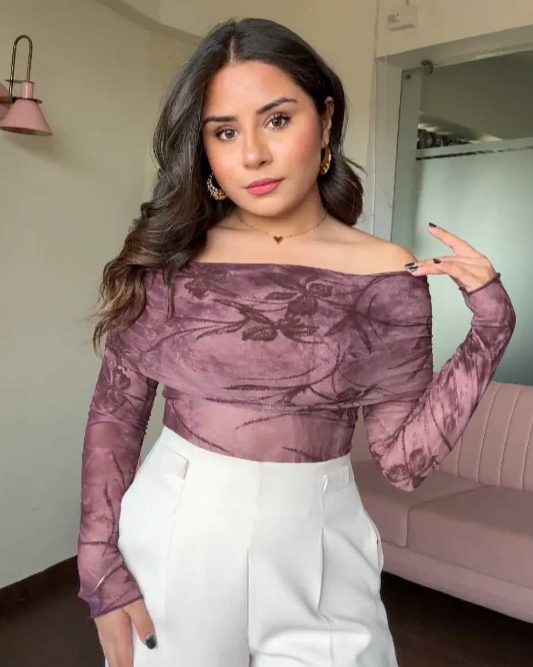 Mesh Printed Off Shoulder Top