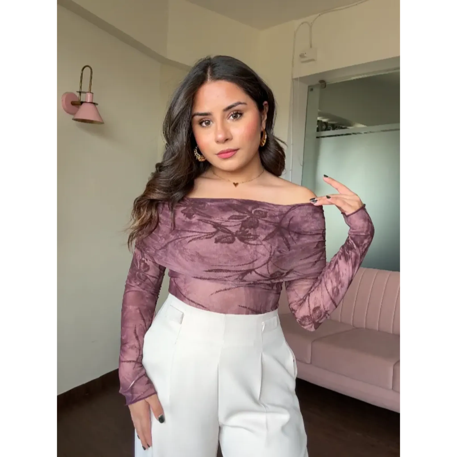 Mesh Printed Off Shoulder Top