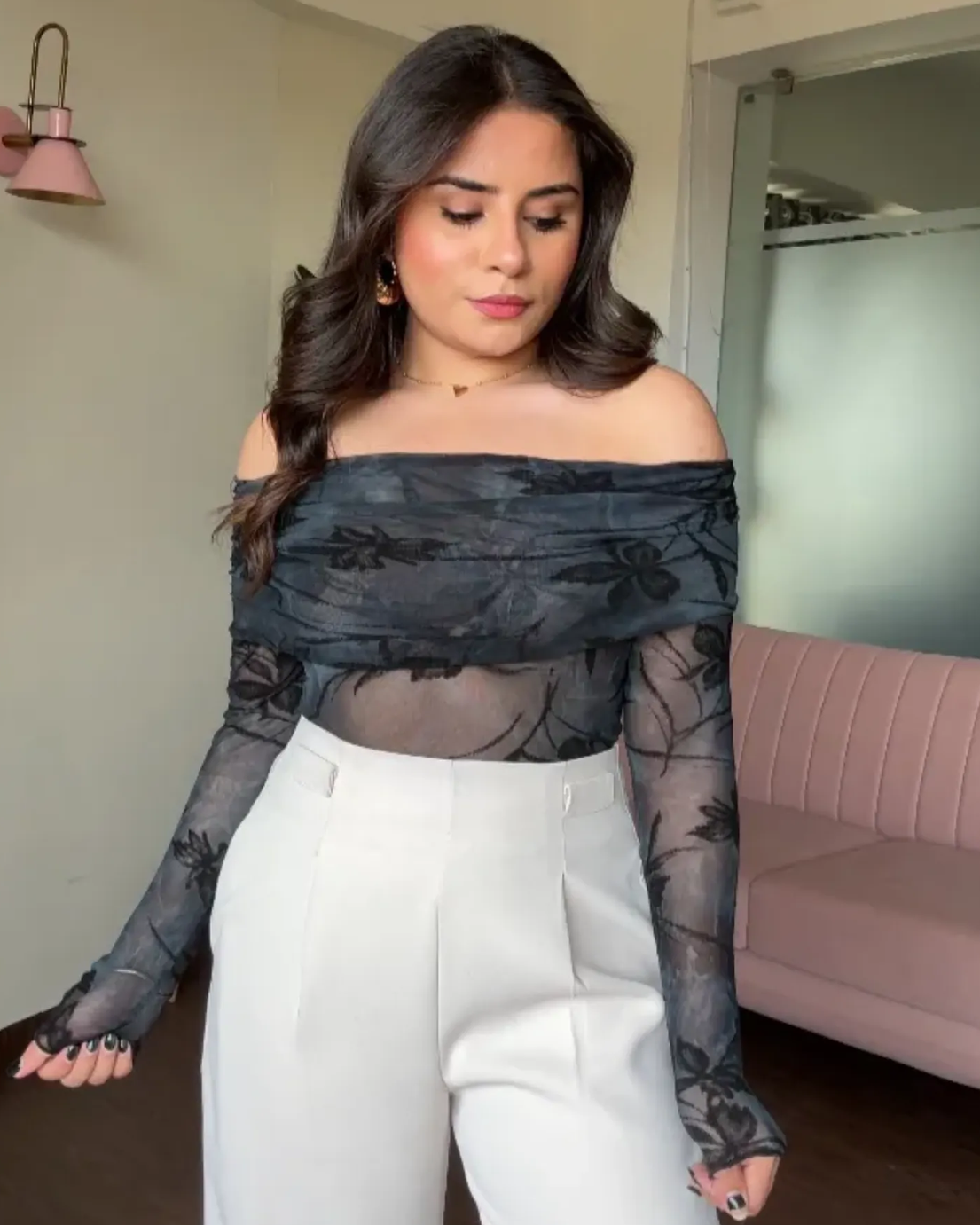 Mesh Printed Off Shoulder Top