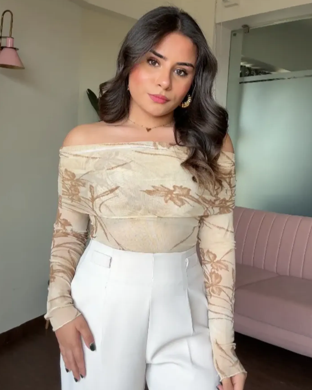 Mesh Printed Off Shoulder Top