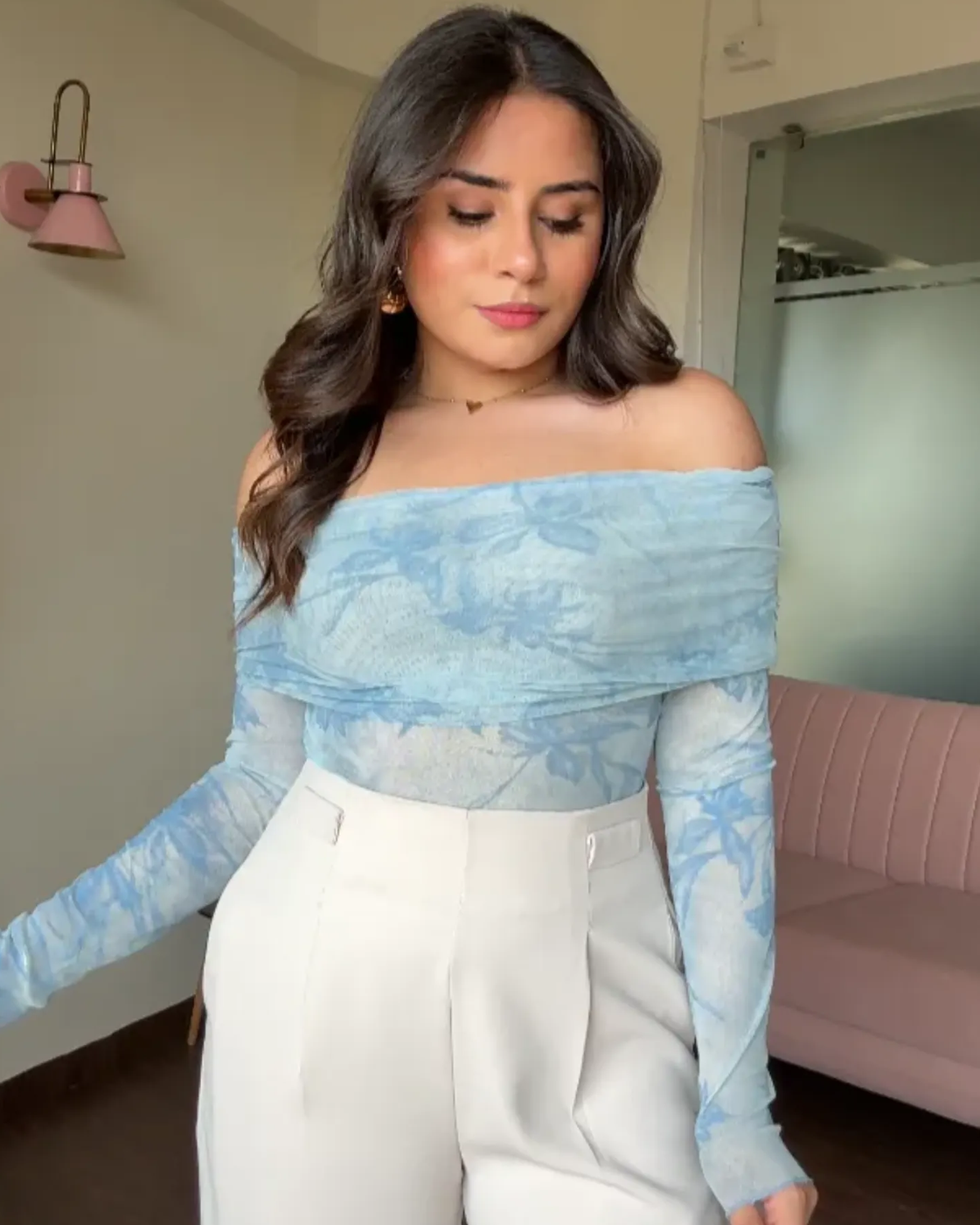 Mesh Printed Off Shoulder Top