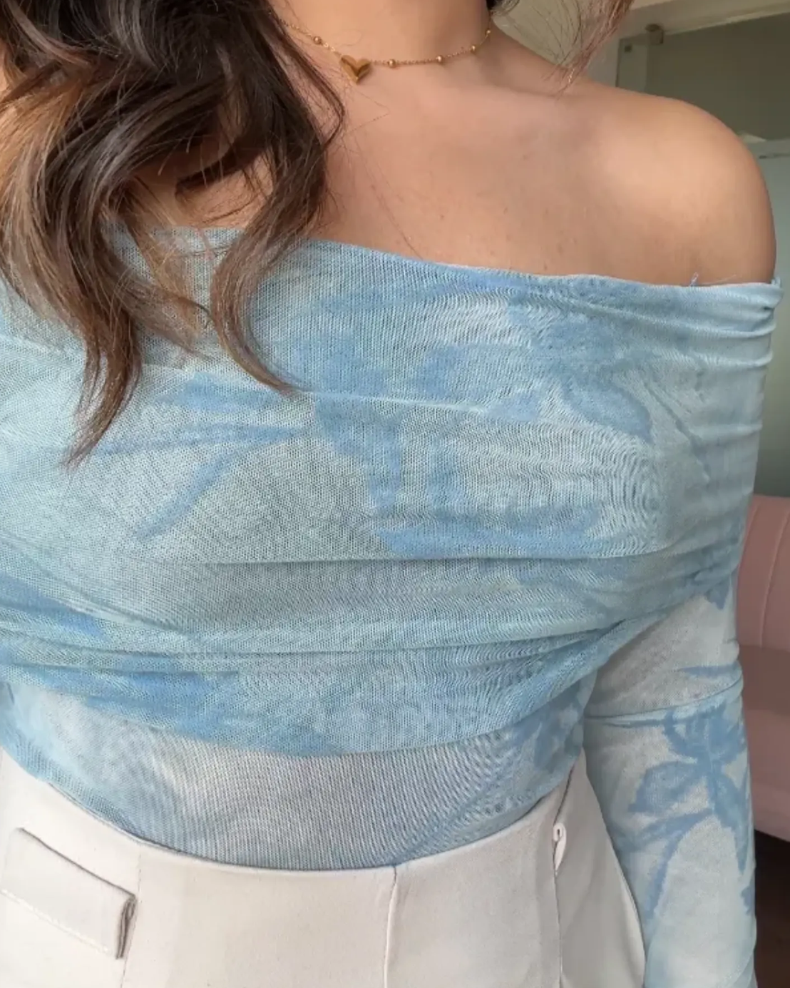 Mesh Printed Off Shoulder Top